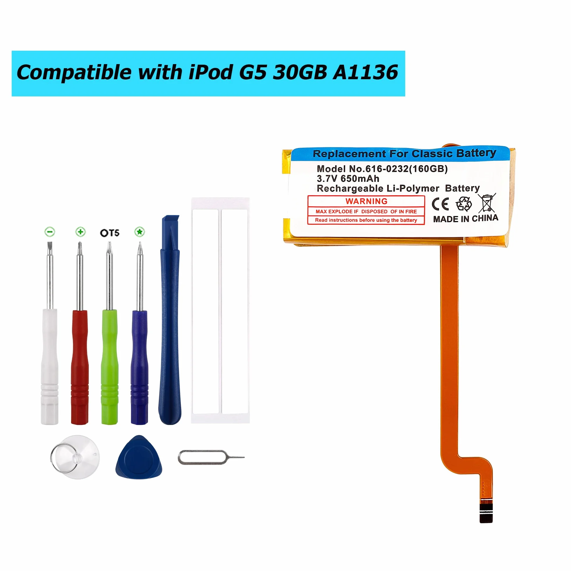 616-0227, 616-0232,616-0229 akumulator zastępczy kompatybilny z iPod G5 30GB A1136 z zestawem narzędzi