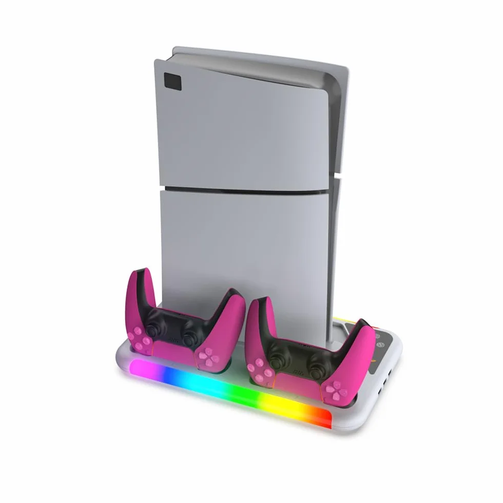 Stacja chłodząca z podwójną ładowarką kontrolera do PS5 Slim Stand, stacja ładująca, uchwyt na słuchawki ze światłem RGB dla PS5 Slim (biały)