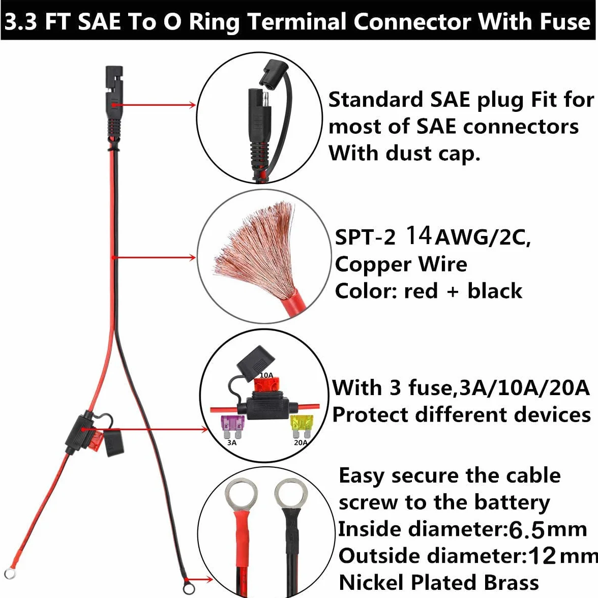 GTIWUNG 2 szt. SAE złącze z przewodem uprzęży terminalowej typu O-ring, 2-pinowy kabel szybkiego odłączania, 14 AWG 1,97 FT/60 CM SAE do zacisku pierścieniowego Quick Connect