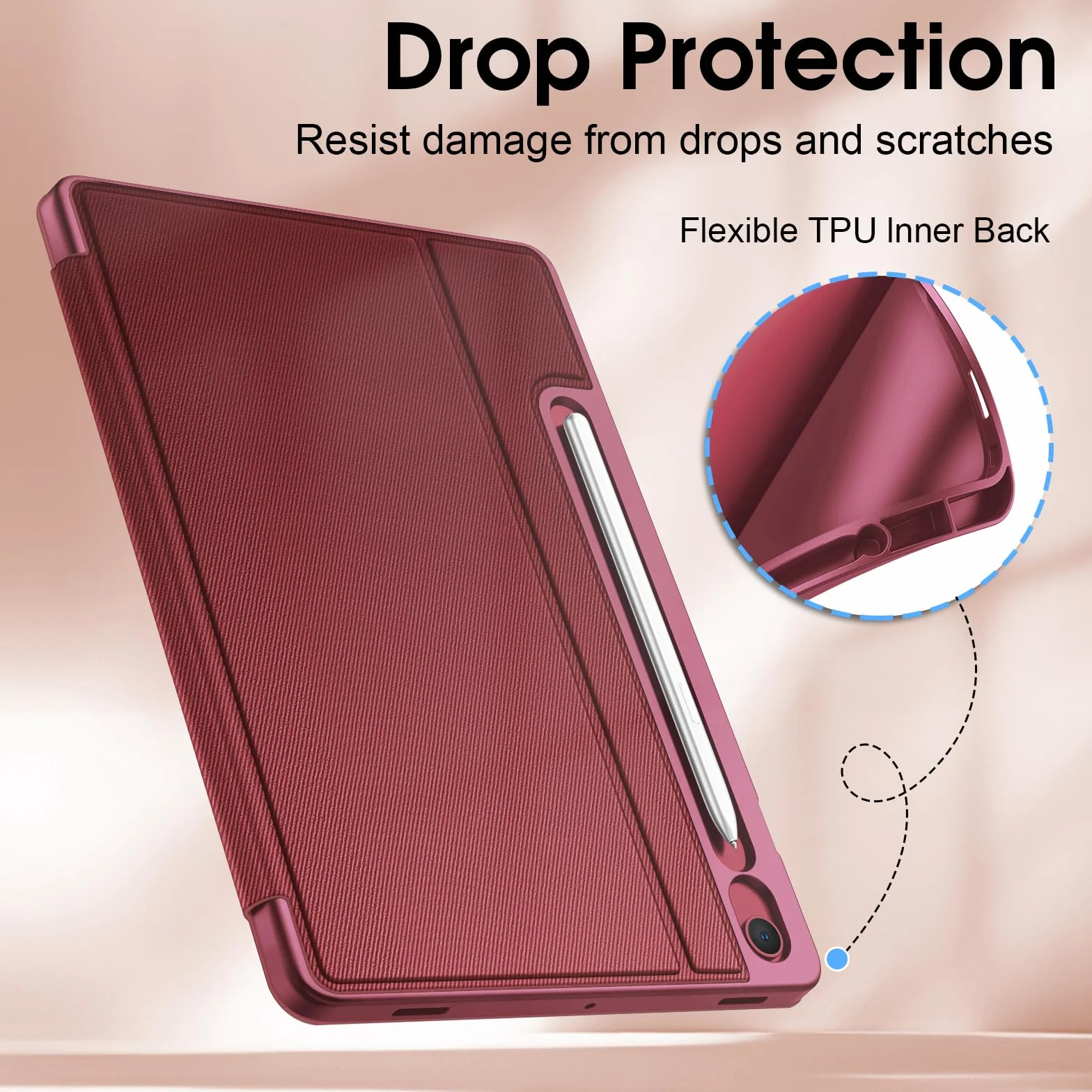 FINTIE Etui do Samsung Galaxy Tab S10 Lite/ S10 FE 2025/ S9 FE 10,9 cala / S9 11 cali z uchwytem na długopis S, smukły stojak pod wieloma kątami z miękką tylną obudową TPU, wino