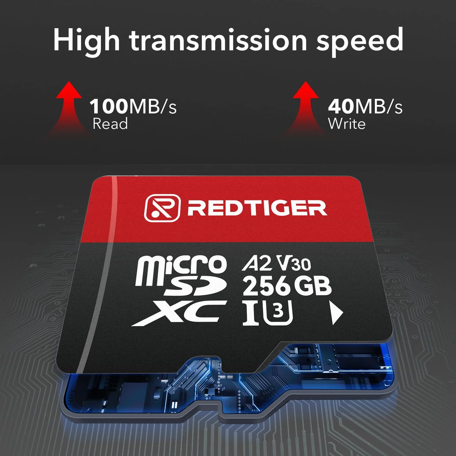 REDTIGER Karta Micro SD High Speed 256 GB z adapterem, microSDXC UHS-I klasa 10, U3, V30 A1, uchwyt do kamery pokładowej i nagrywanie wideo 4K