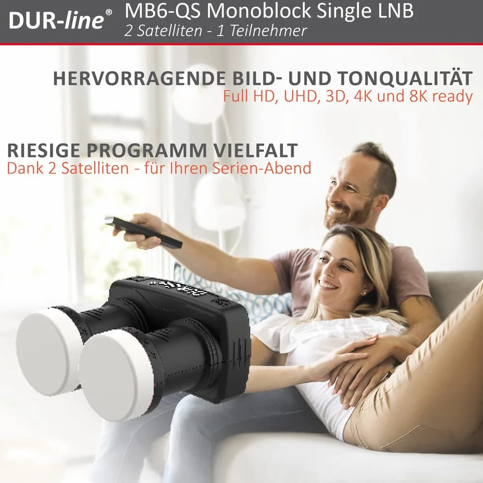 DUR-line Monoblok 6° pojedynczy LNB - Astra 19,2°E + Hotbird 13°E - 1 uczestnik i 2 satelity (MB6-QS) - podwójny LNC ze zintegrowanym DiSEqC - Full HD, 4K, 8K, 3D - Odporny na warunki atmosferyczne +
