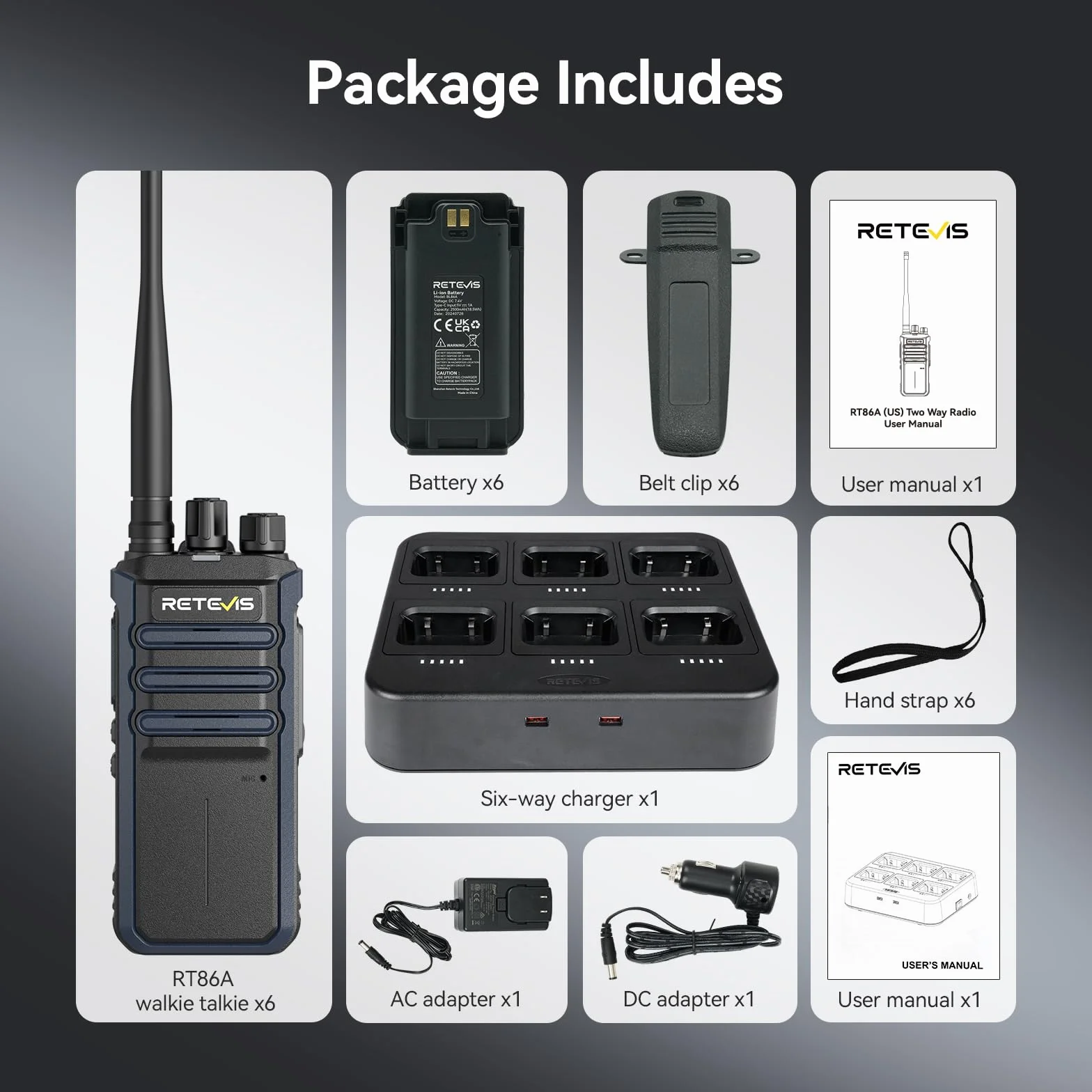 Retevis RT86A Walkie Talkie Dalekiego Zasięgu dla Dorosłych z 6-drożną łAdowarką, Akumulatorem 2500 mAh, Połączeniami Grupowymi, Wytrzymałym Dwukierunkowym Radiotelefonem dla Firm (6 Sztuk, Czarny)
