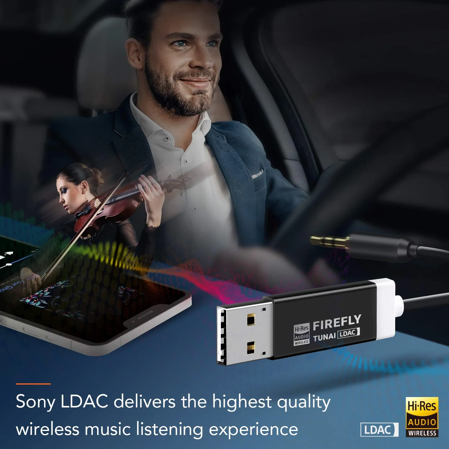 TUNAI Firefly LDAC Adapter odbiornika Bluetooth- bezprzewodowy adapter Bluetooth 5.0 do muzyki w samochodzie z USB DAC i złączem AUX 3,5 mm - automatyczne połączenie, nie wymaga ładowania