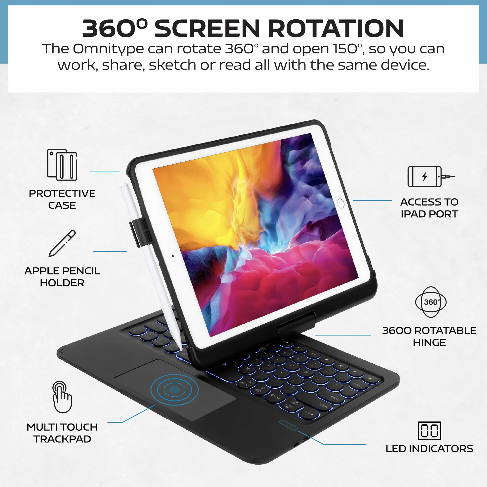 Etui na klawiaturę do iPad Pro 6/5 generacji 2018/2017 9,7", 360°, iPad Air 2/Air 1, bezprzewodowa klawiatura Bluetooth z touchpadem, 7-kolorowe oświetlenie (czarne)