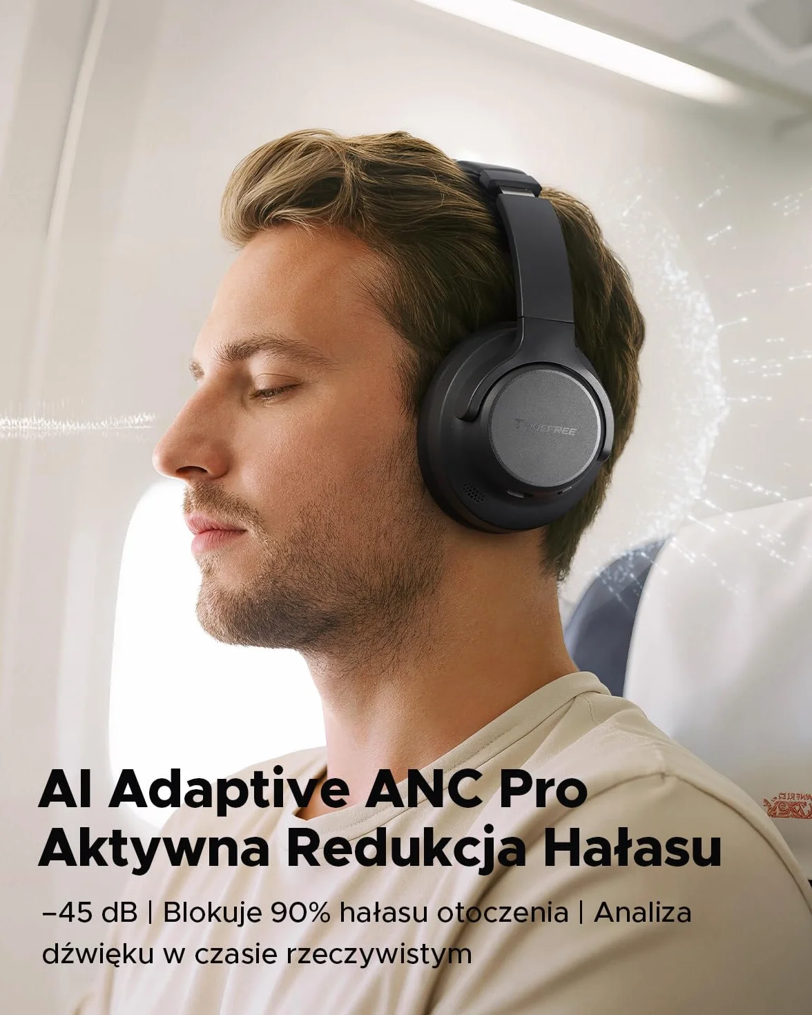 Truefree HF-10 nauszne słuchawki Bluetooth ze sterownikiem 40 mm, ANC -45 dB, dźwięk przestrzenny, akumulator 125 h, mikrofon AI, aplikacja, tryb gier, składany, USB-C, AUX, zestaw słuchawkowy z