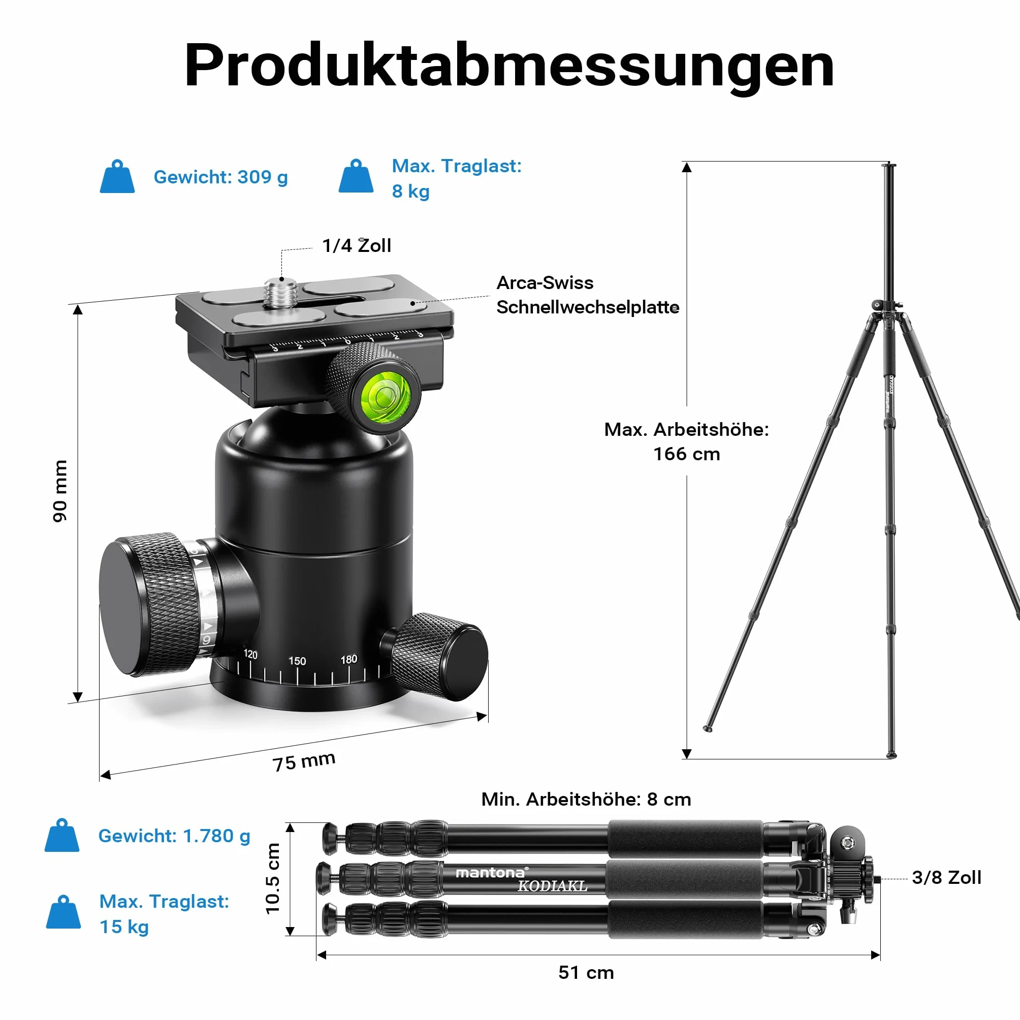 Mantona Zestaw statyw fotograficzny Kodiak L 284 + głowica do statywu Onyx 8, aluminiowy statyw z głowicą kulową i szybkozłączką Arca-Swiss
