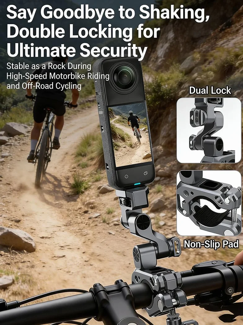 3-osiowy uchwyt na kierownicę motocykla rowerowego do Insta 360 X5 i z interfejsem śrubowym 1/4 cala itp. Kamery sportowe, uchwyt zaciskowy kamery Super Clamp pasuje do kierownicy 18-39 mm