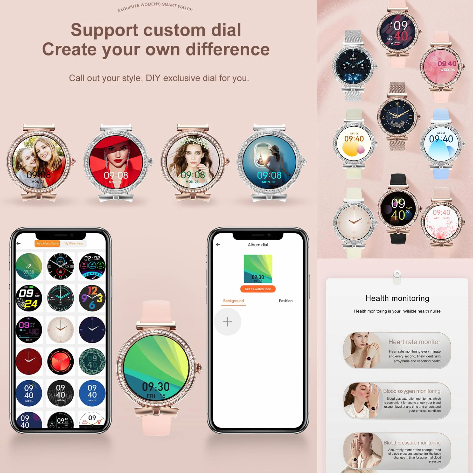 Smartwatche Kobiety z Funkcje Telefonu Bluetooth, Sportowy Diamanti Smart Watch 1,2 AMOLED ze 123 Sportowymi, Odtwarzaczem Muzycznym, Pomiarem Tętna, Wodoodpornością IP68 dla Android iOS (Złoto)