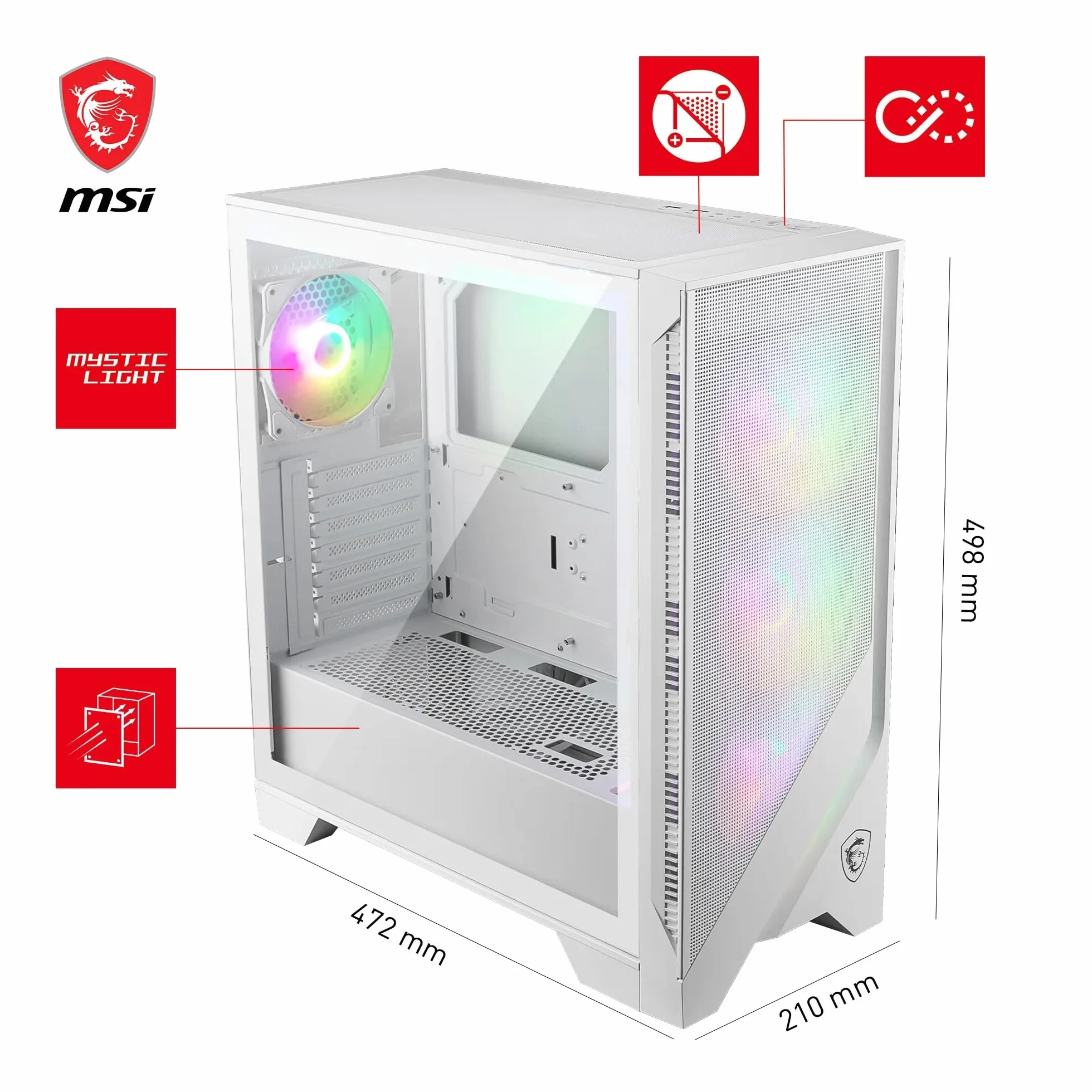 MSI MAG Forge 320R Airflow White Średnia wieża obudowa komputera - ATX, kompatybilna z RTX 40, wentylatory ARGB, magnetyczne filtry przeciwpyłowe, szkło hartowane, koncentrator ARGB, USB Typu-A 3.2