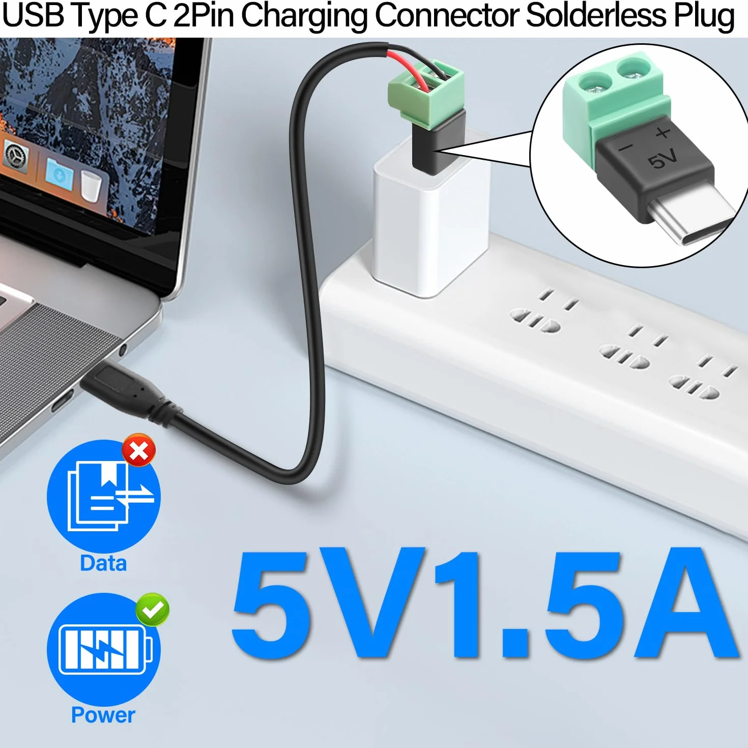 QIANRENON Adapter USB C, 2 piny, bezlutowna wtyczka na złącze zaciskowe, ładowanie 5 V 1,5 A, bez transferu danych, 4 sztuki w opakowaniu