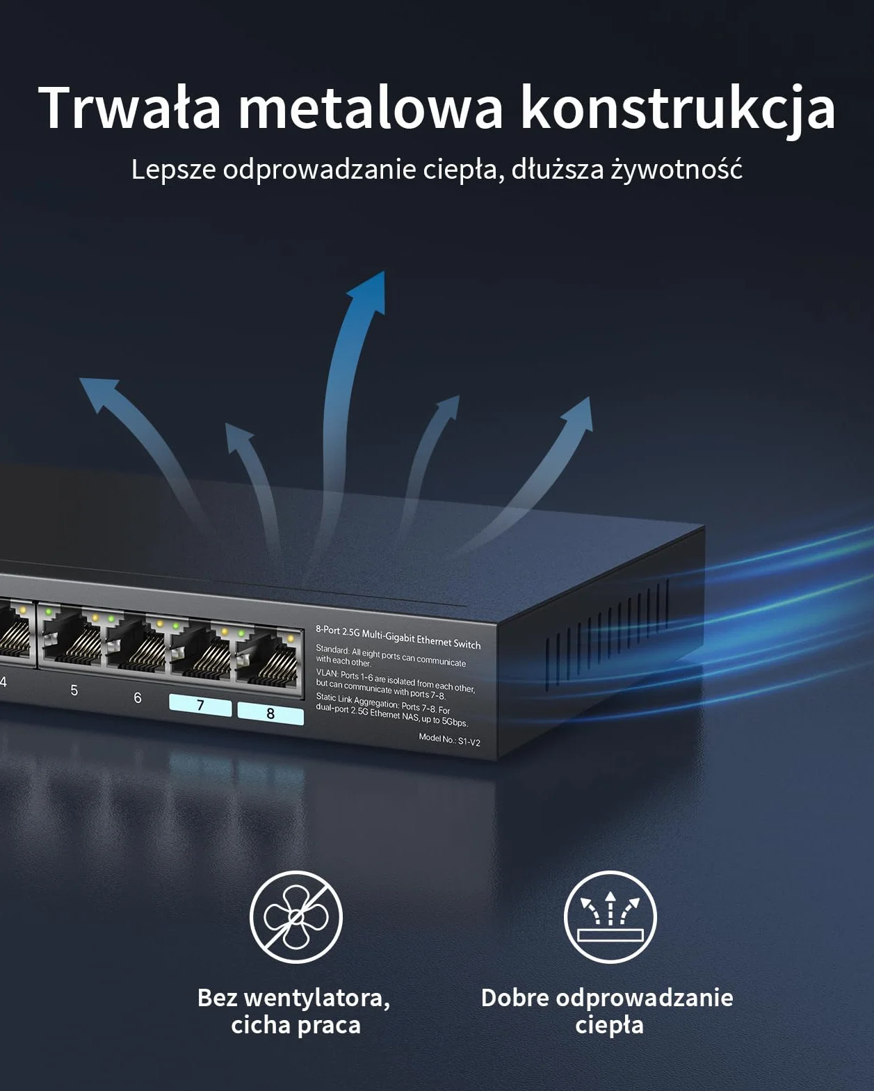 BrosTrend Przełącznik 2,5 Gb, niezarządzany 8-portowy przełącznik Ethernet 2,5 Gigabit obsługujący agregację statycznych łączy i VLAN, rozdzielacz Multi Gig do gier, NAS, PC, dożywotnia gwarancja