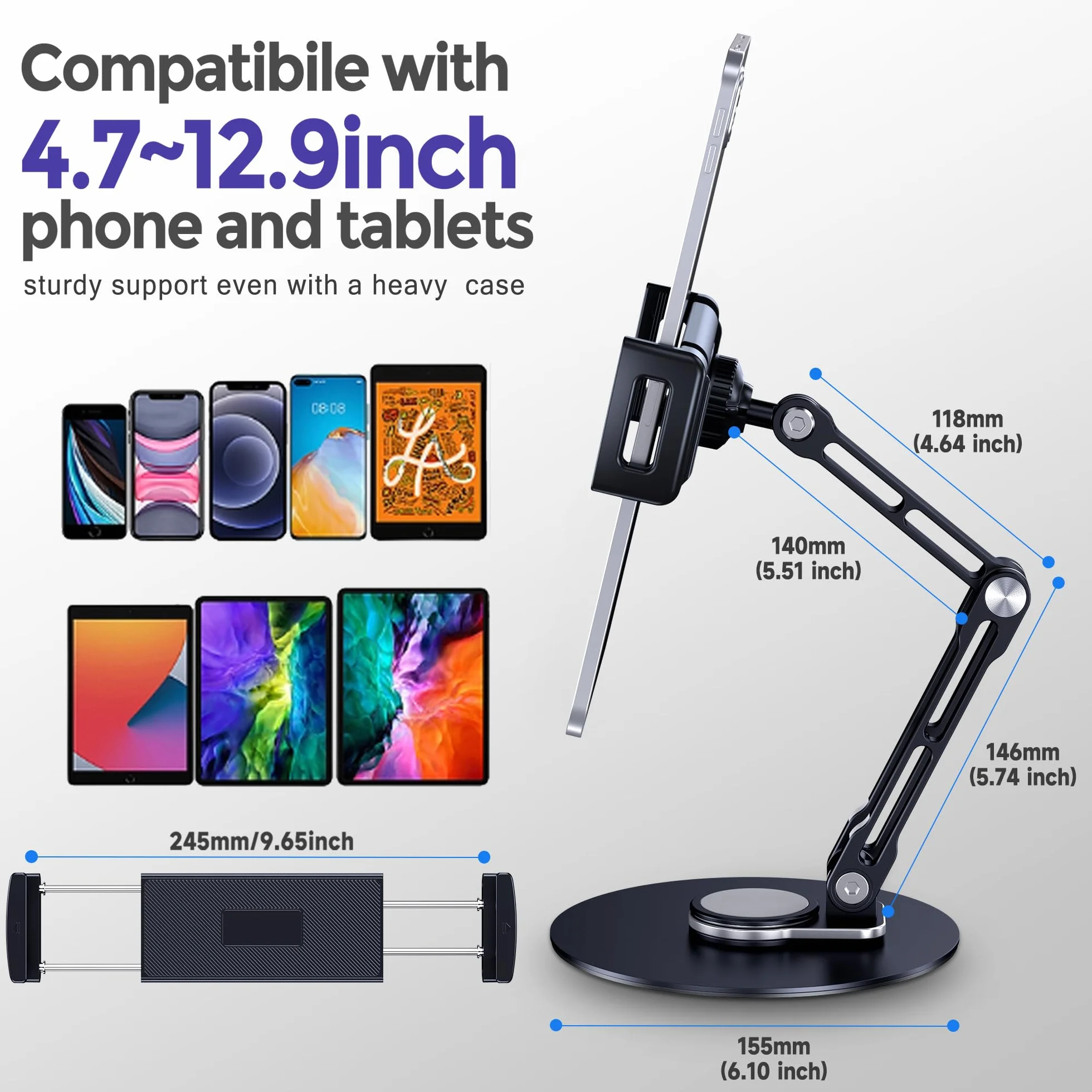 Stojak na tablet Lucrave, obrotowy uchwyt na tablet, składany stojak na iPada z 11-calowym ramieniem Kompatybilny z iPadem Air/Mini, iPadem Pro 11/12.9, Samsung Galaxy Tab i nie tylko, czarny