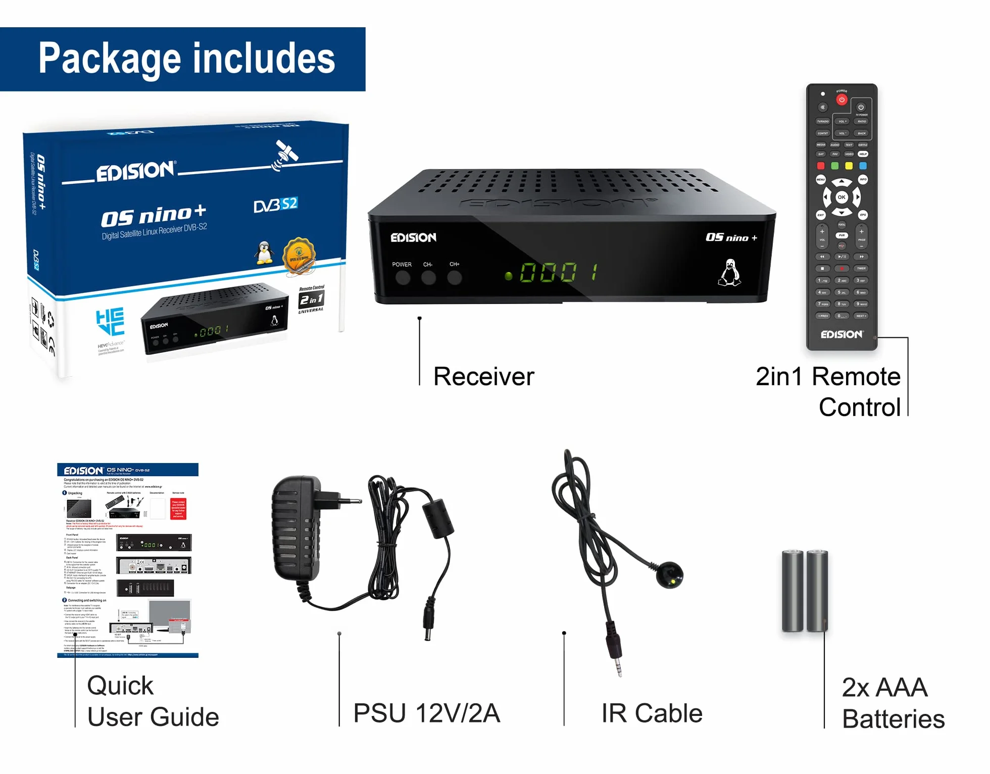 EDISION OS NINO+ Full HD Linux E2 odbiornik satelitarny H.265/HEVC (1x DVB-S2, 2X USB, HDMI, LAN, Linux, czytnik kart, 1080p) [wstępnie zaprogramowany dla Astra], 01-08-0016