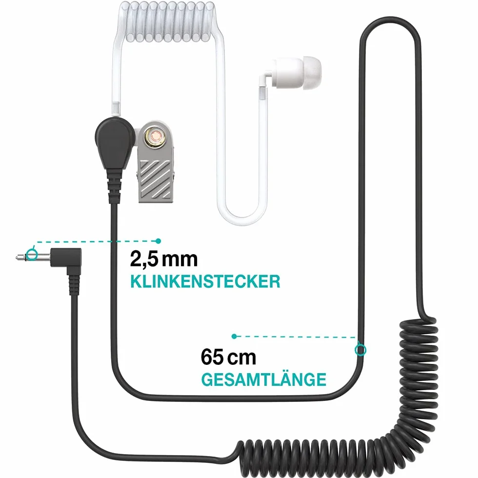 LIFE IS SIMPLE Słuchawki douszne wąż dźwiękowy - 2,5 mm jack - One Ear - przezroczyste z klipsem mocującym - zestaw słuchawkowy do urządzeń radiowych | zestaw 10 szt