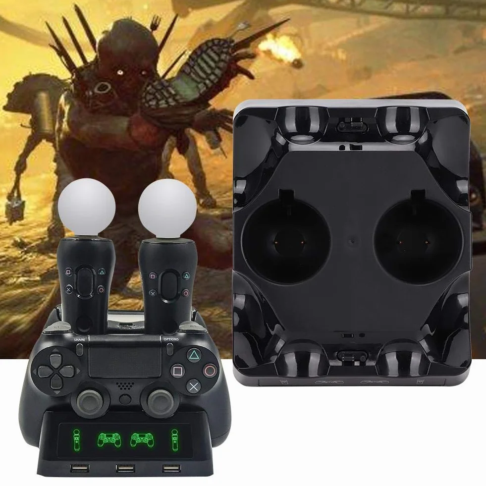 4-in-1-Gamepad-Ladestation für -Controller PS-VR-Controller, Quad-Port-Ladegerät Genug für Heimspiele, DC 5V 500-1000mA mit Anzeige