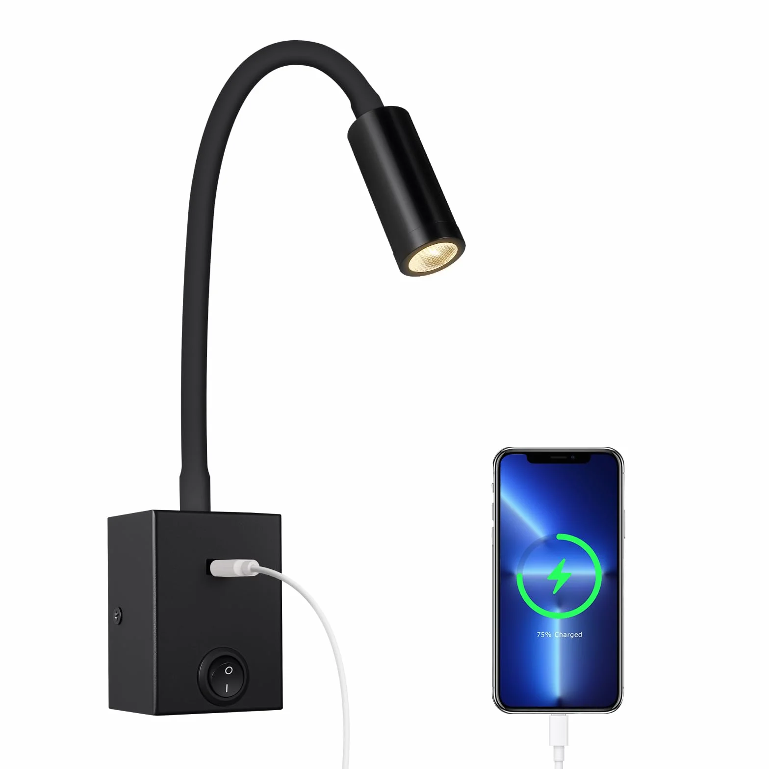 ERWEY LED Lampa ścienna do Czytania, Kinkiet 3W z Elastyczną Szyją 360° i Złączem USB do Sypialni, Ciepłe Białe światło 3000K, Czarny