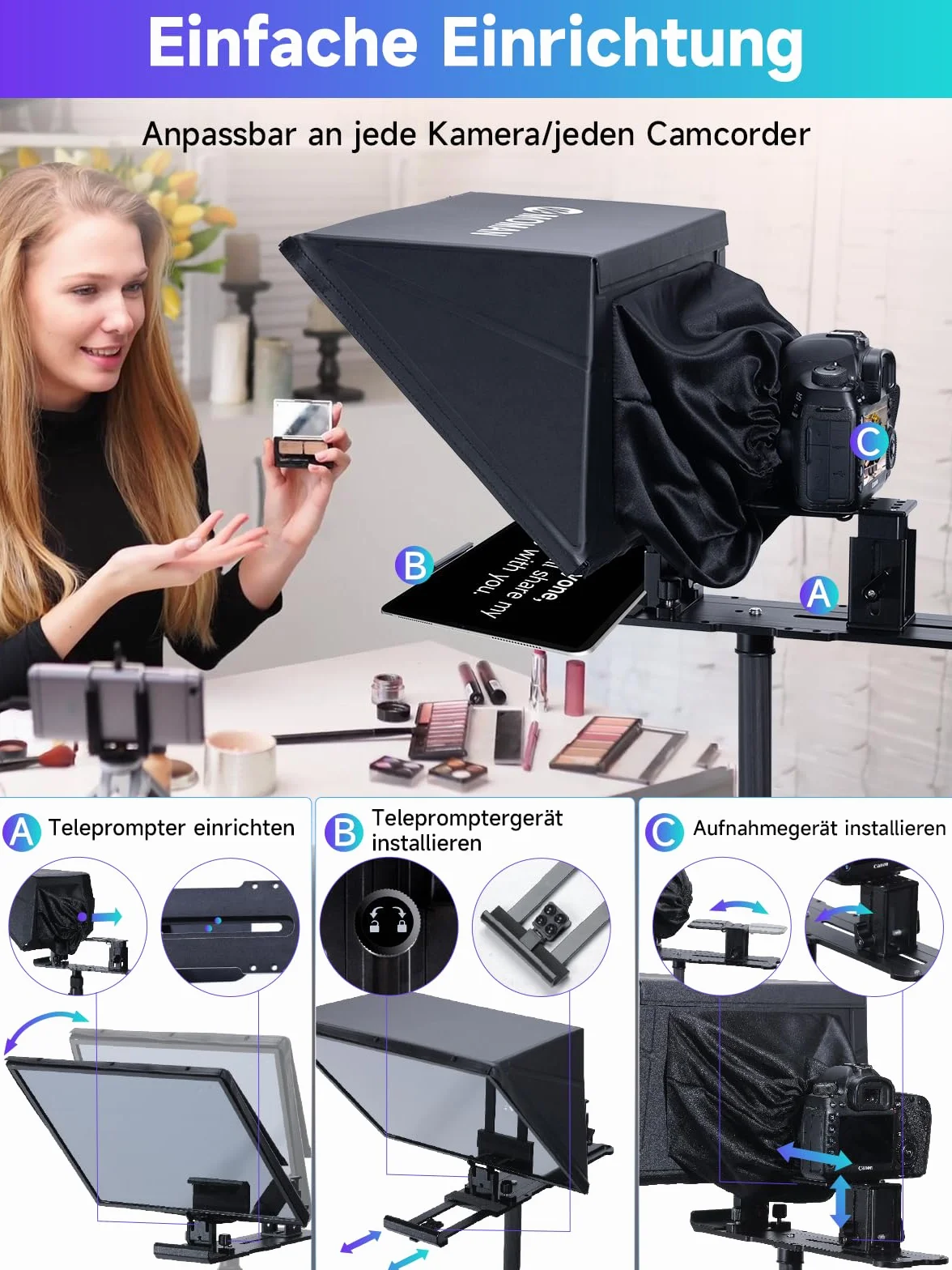Teleprompter, Moman MT16 Prompter 16 cali, kompatybilny z iPadem / tabletem/smartfonem z aplikacją i zdalnie sterowanym nagrywaniem lustrzanek cyfrowych/kamer wideo, teleprompterów wideo