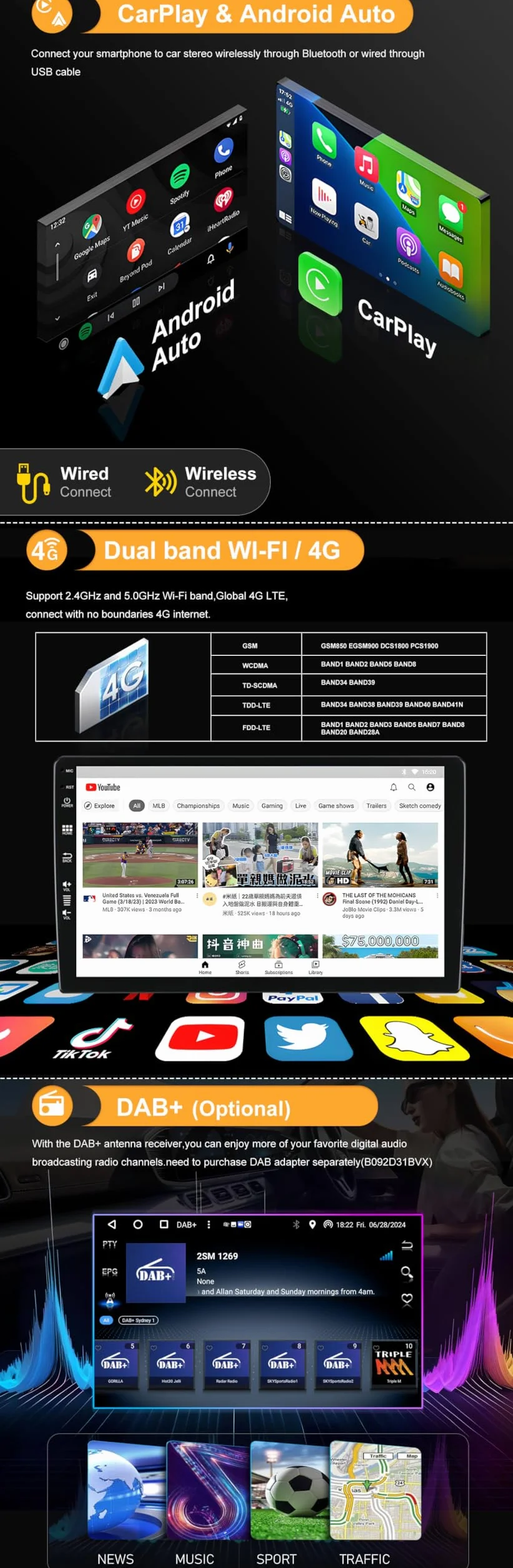 SXAUTO Android 16 Radio samochodowe do Benz S Class W220 S280 S320 S350 S400 S430 S500 S600 AMG (1999-2007) - Bezprzewodowy Carplay + Android Auto - 4G+64G - Kamera tylna - 9 cali 2 Din - Dab Volt ant