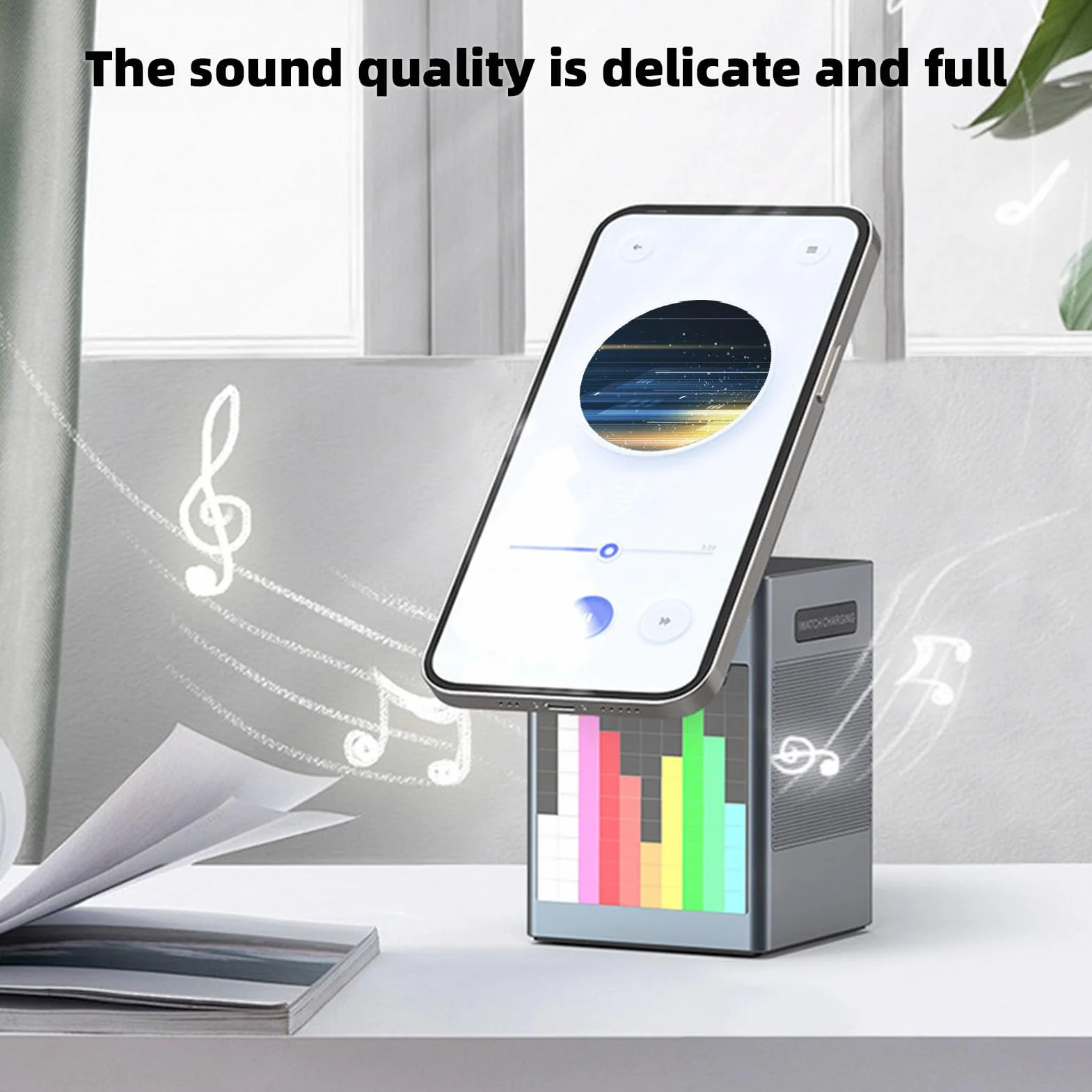 Bewinner Bezprzewodowa Stacja ładująca 6 w 1 z Głośnikiem Bluetooth, Wyświetlaczem z animacją Pikseli, Budzikiem, ładowarką do Wielu urządzeń do Słuchawek Telefonicznych i Zegarka