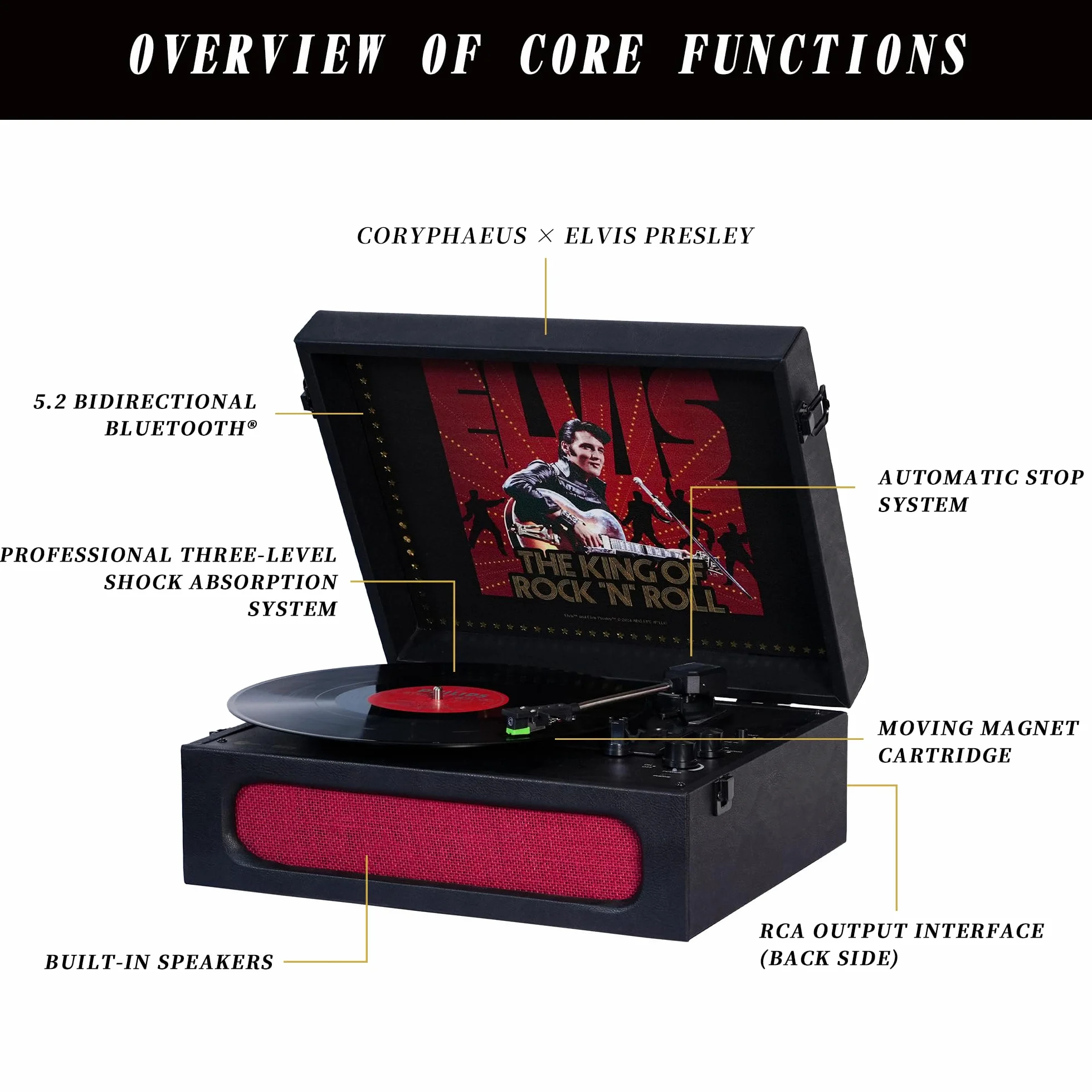 Arkrocket x Elvis Bluetooth Protable gramofon 3-biegowy Bluetooth wejście i wyjście gramofon wbudowane głośniki z wkładem magnetycznym automatyczne wyłączanie - Elvis Presley '68