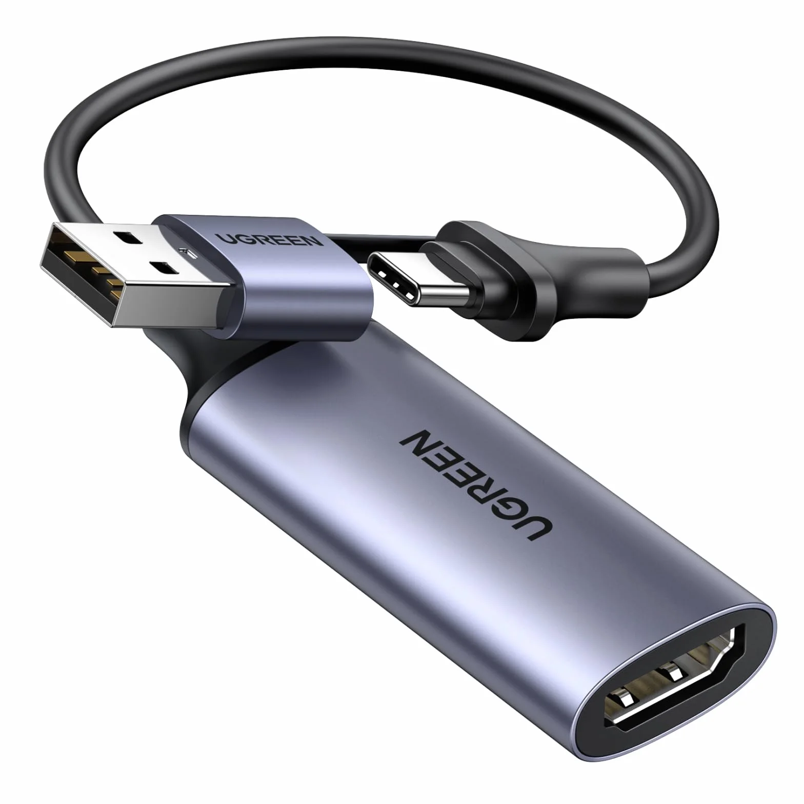 UGREEN Karta przechwytująca HDMI, HDMI na USB A+C 4K 30 Hz 1080P do gier, transmisji strumieniowej telewizji, nagrywarki Transmisja wideo na żywo Kompatybilna z laptopem, iPhonem 15 itp.