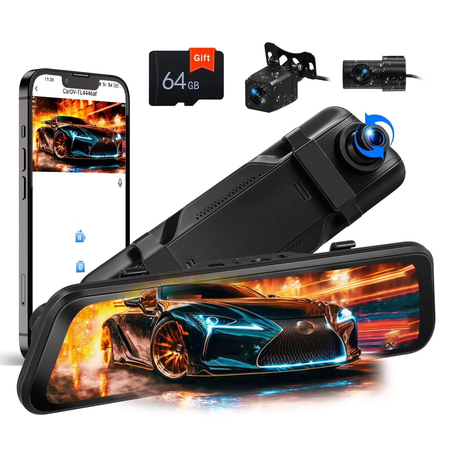 CAMECHO 9,66″ 2K ekran dotykowy w lusterku wstecznym samochodowym trzykrotna kamera przednia wewnętrzna tylna nagrywanie cykliczne z GPS czujnikiem grawitacji i wspomaganiem parkowania