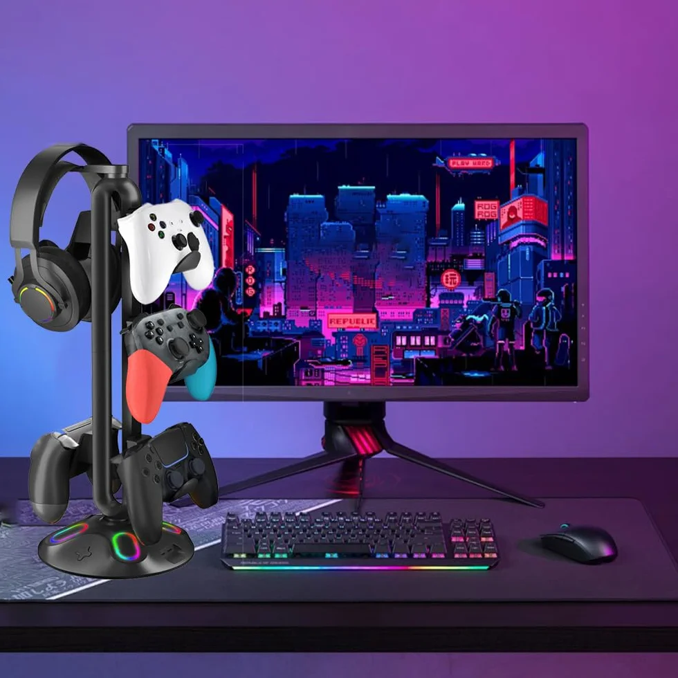 Uniwersalny kontroler do gier i stojak na słuchawki – oświetlenie RGB, porty USB i typu C, do komputerów PC i konsol