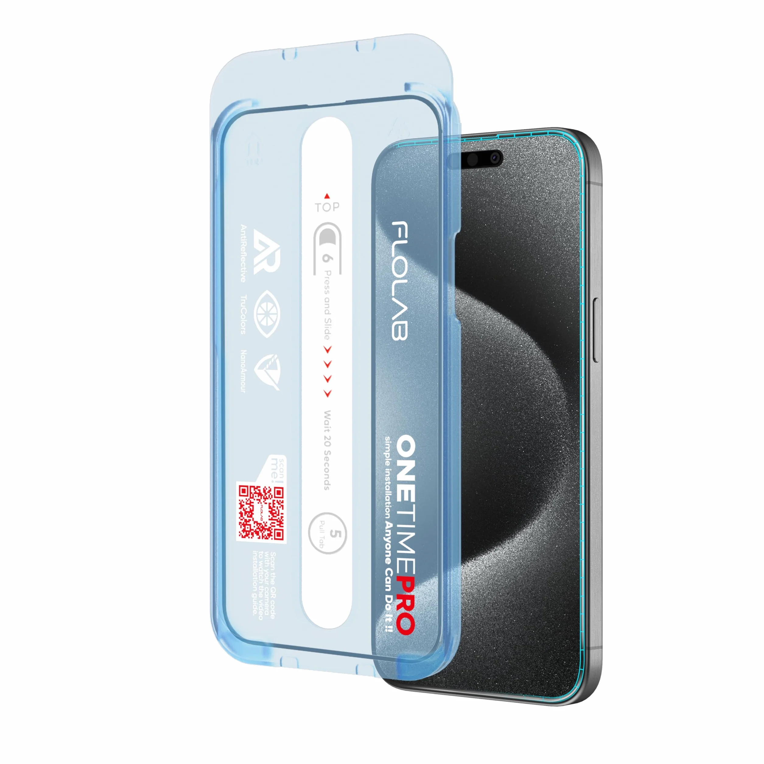 FLOLAB NanoArmour ONETIME PRO antyrefleksyjna osłona ekranu 3D do iPhone'a 15 Pro, szkło hartowane klasy muzealnej, wzmocniona krawędź, trwała, gładka, łatwa w instalacji, bez kurzu