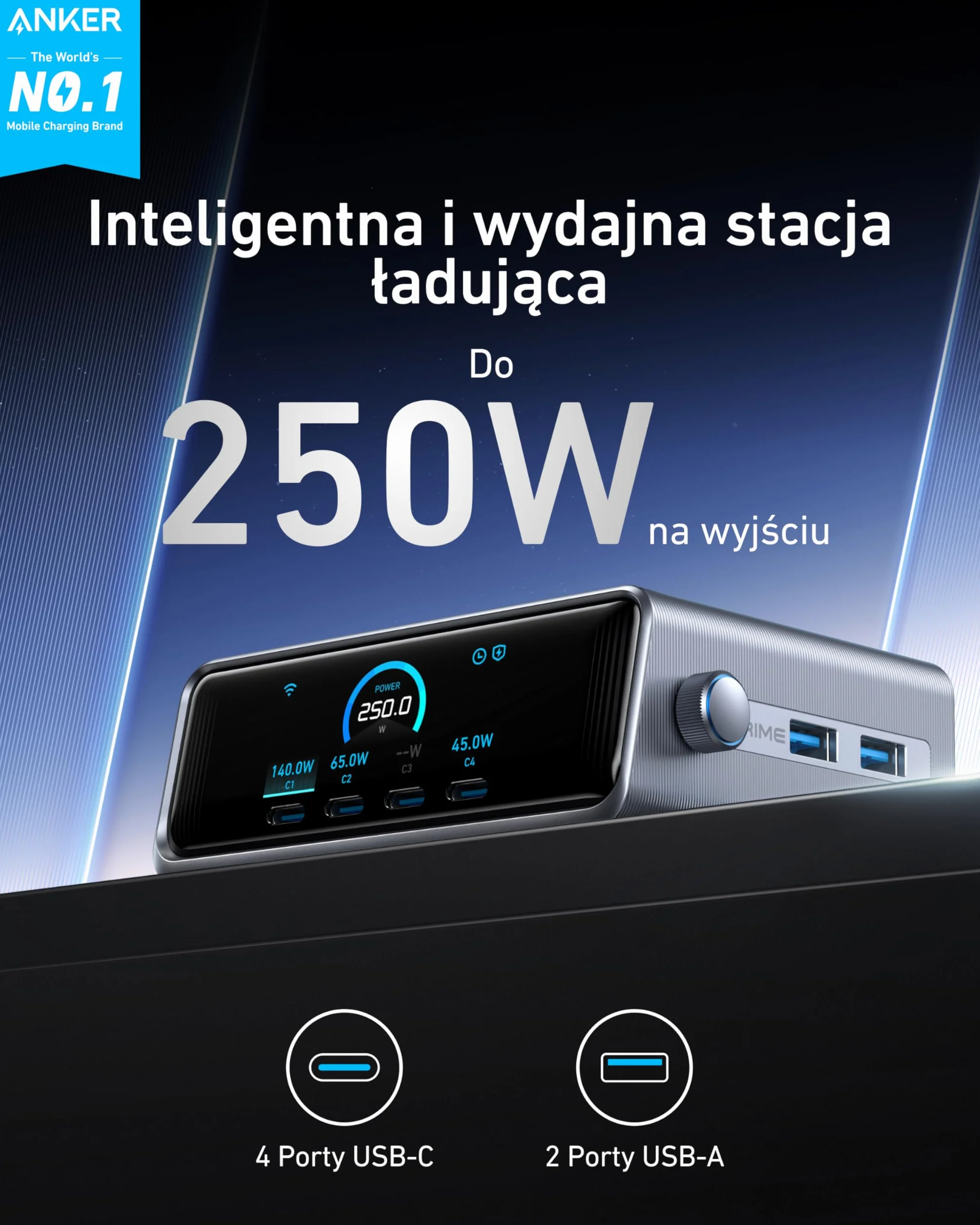 Ładowarka USB-C Anker Prime 250 W, ultraszybka 6-portowa ładowarka GaN, wyświetlacz LCD 6 cm, inteligentny kontroler, kompatybilna z MacBook, iPhone 16/15/14, Pixel, Galaxy i innymi urządzeniami