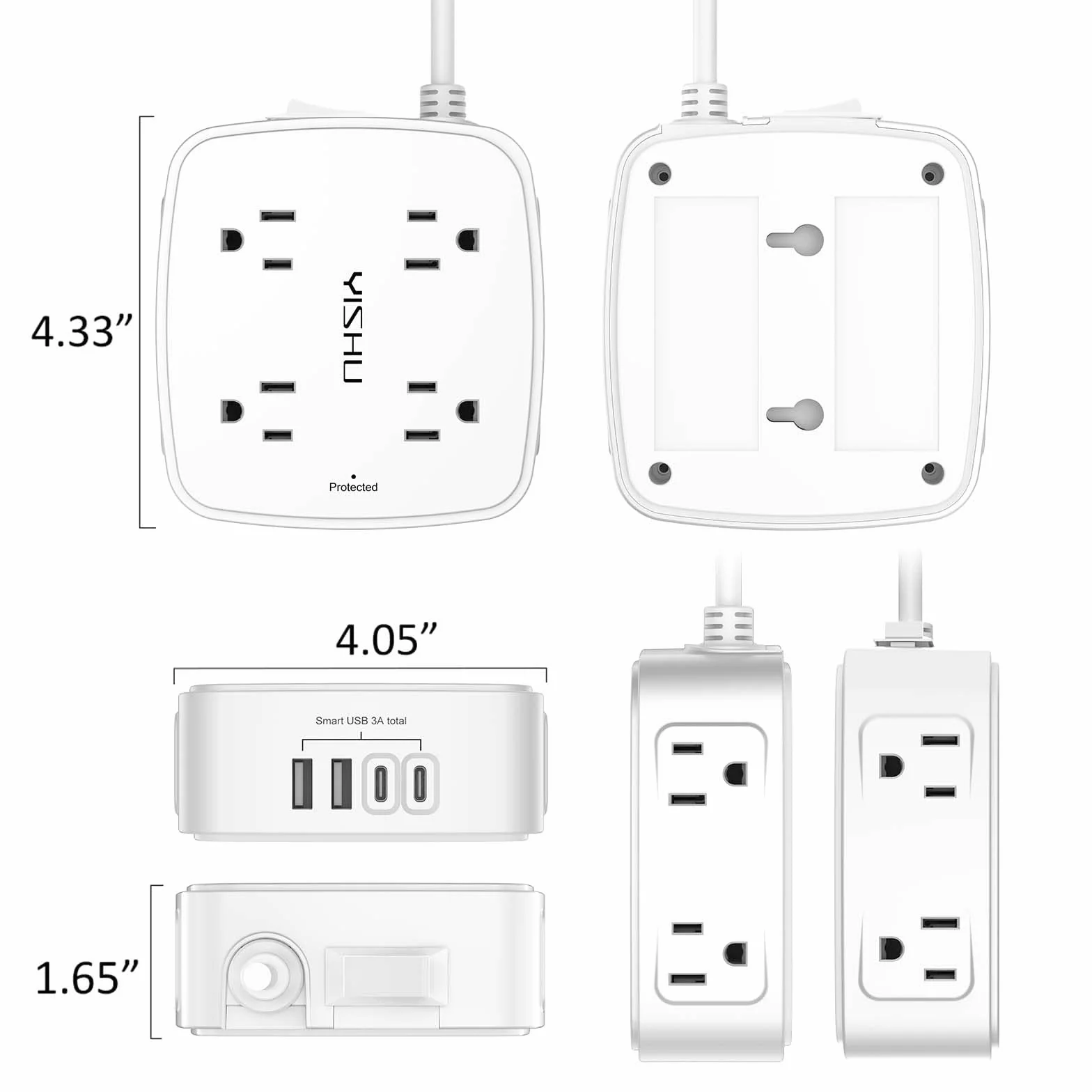 6 Ft Surge Protector Power Strip - 8 Widely Outlets with 4 USB Ports, 3 Side Outlet Extender with 6 Feet Extension Cord, Flat Plug, Wall Mount, Desk USB Charging Station, ETL ,White