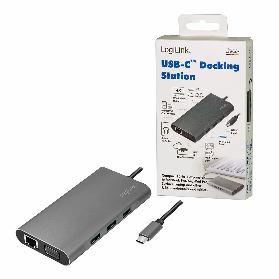 LogiLink UA0383 - USB 3.2 (Gen 1) stacja dokująca z 10 portami i PD (Power Delivery) 100 W, 1 x USB-C (PD) / 3 X USB 3.0/1 x HDMI / 1 x VGA / 1 x RJ45 / 1 x microSD / 1 x SD / 1 x 3,5 mm