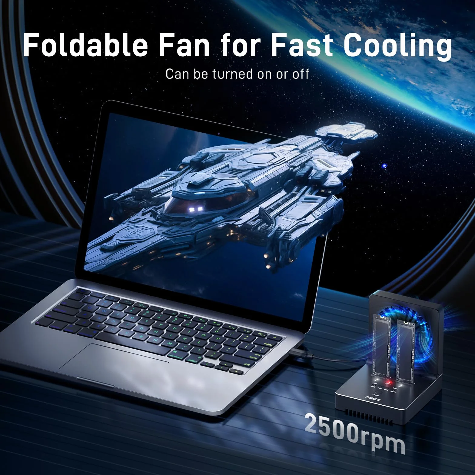 FIDECO M.2 NVMe SATA SSD Cloner Dock, USB 3.2 Gen 2, 20 Gb/s NVMe Cloner Duplicator ze składanym wentylatorem chłodzącym, obsługa klonu offline, UASP i TRIM, aluminiowa konstrukcja