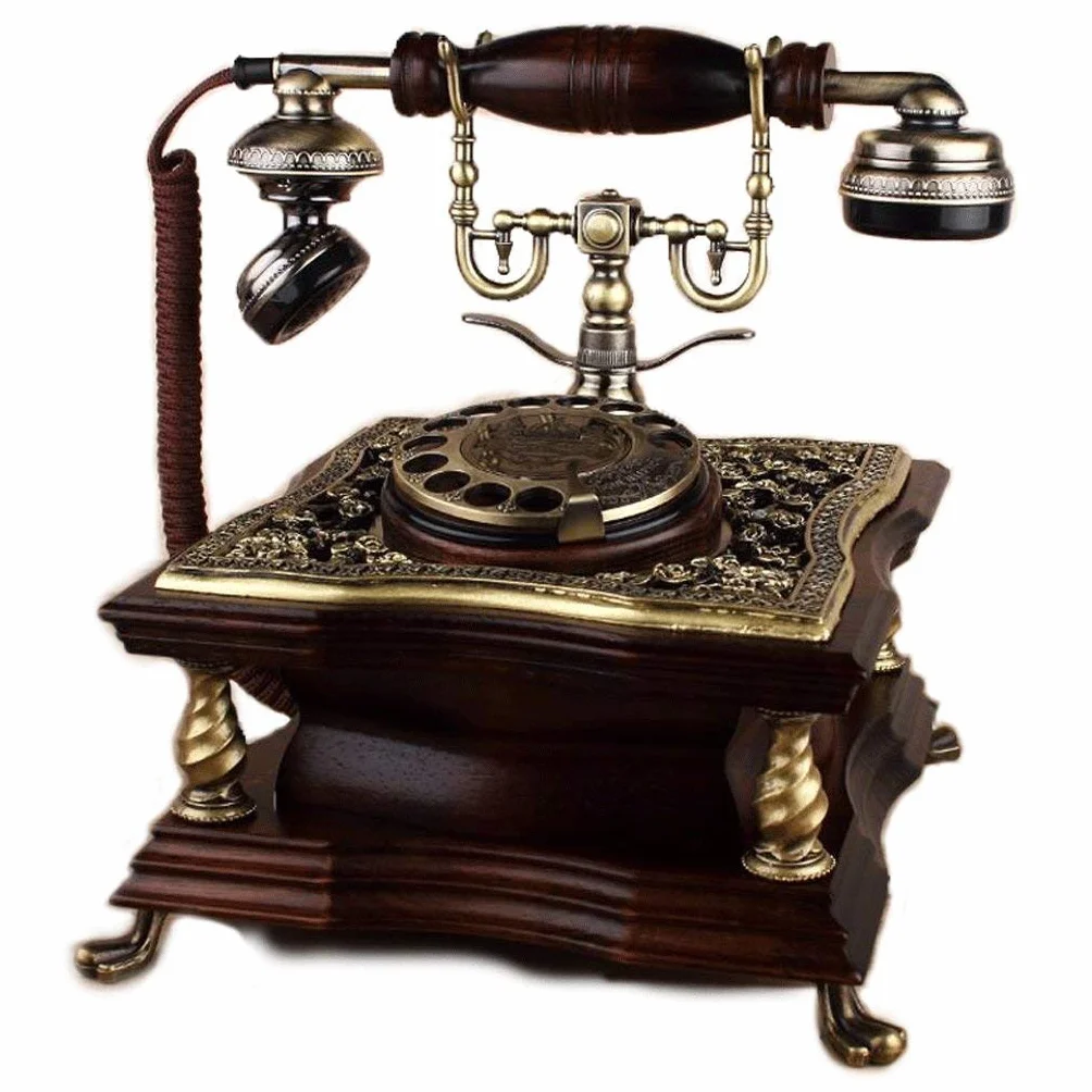Telefon stacjonarny retro, Antyczny Retro Telefon Stacjonarny Obrotowy Dzwonek Dębowy Drewno Metal Brązowy 22x23x24 cm