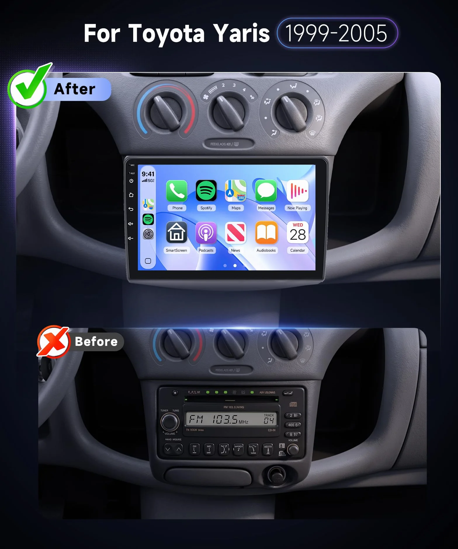 Hodozzy Radio samochodowe Toyota Yaris 1999-2005 z bezprzewodowym odtwarzaczem Android Auto, 9 cali Touchsreen z Bluetooth/RDS Radio/SWC/GPS/Youtube/USB/V-Link/+ kamera cofania