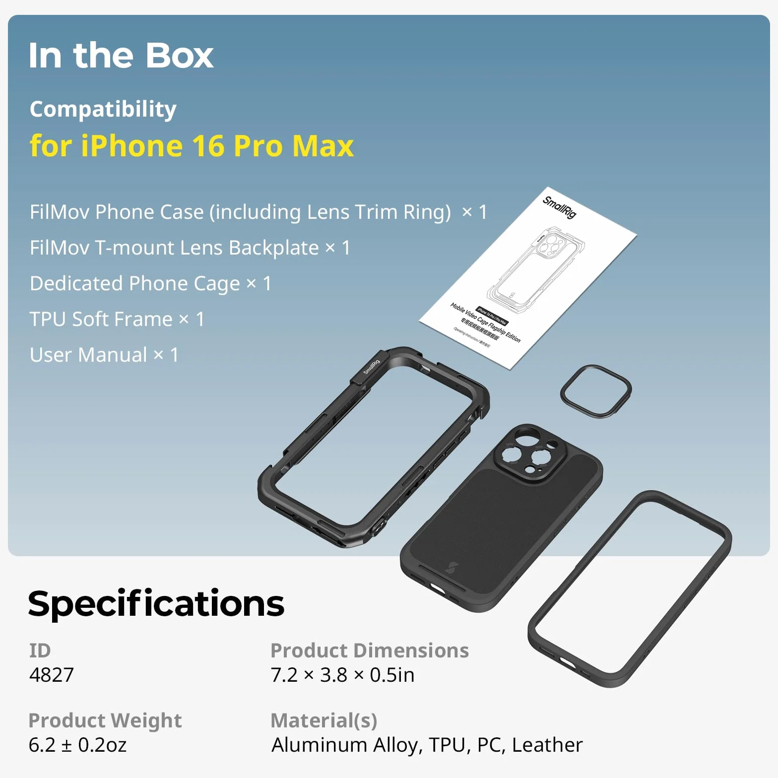 SMALLRIG Mobile Video Cage dla iPhone'a 16 Pro Max, Phone Cage z etui na telefon z tylną płytą obiektywu z mocowaniem T, obsługa MagSafe, zestaw wideo z szybkim zwalnianiem do nagrywania - 4827