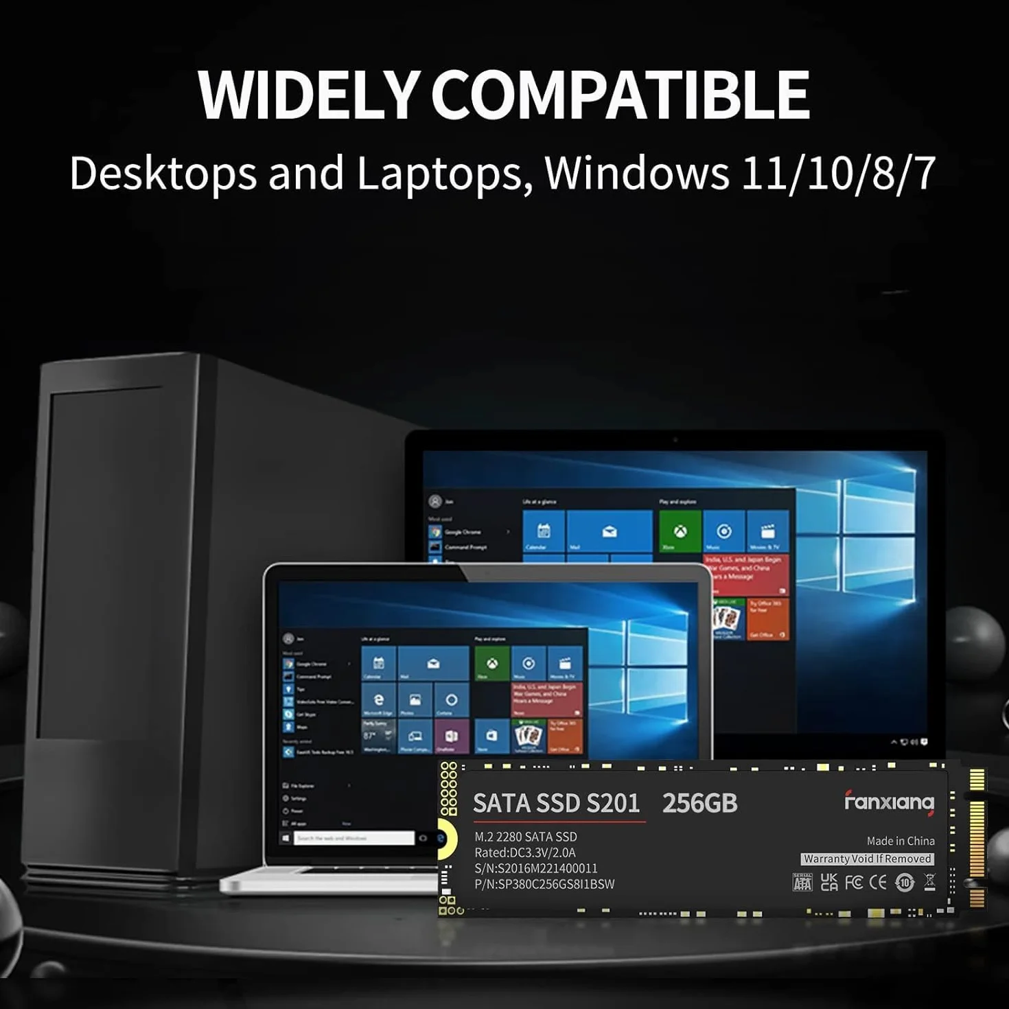 fanxiang S201 Wewnętrzny dysk półprzewodnikowy 256 GB M.2 SSD 2280 SATA III 6 Gb/s, pamięć podręczna SLC dla zwiększenia prędkości, prędkość odczytu do 550 MB/s, kompatybilny z laptopami i komputerami