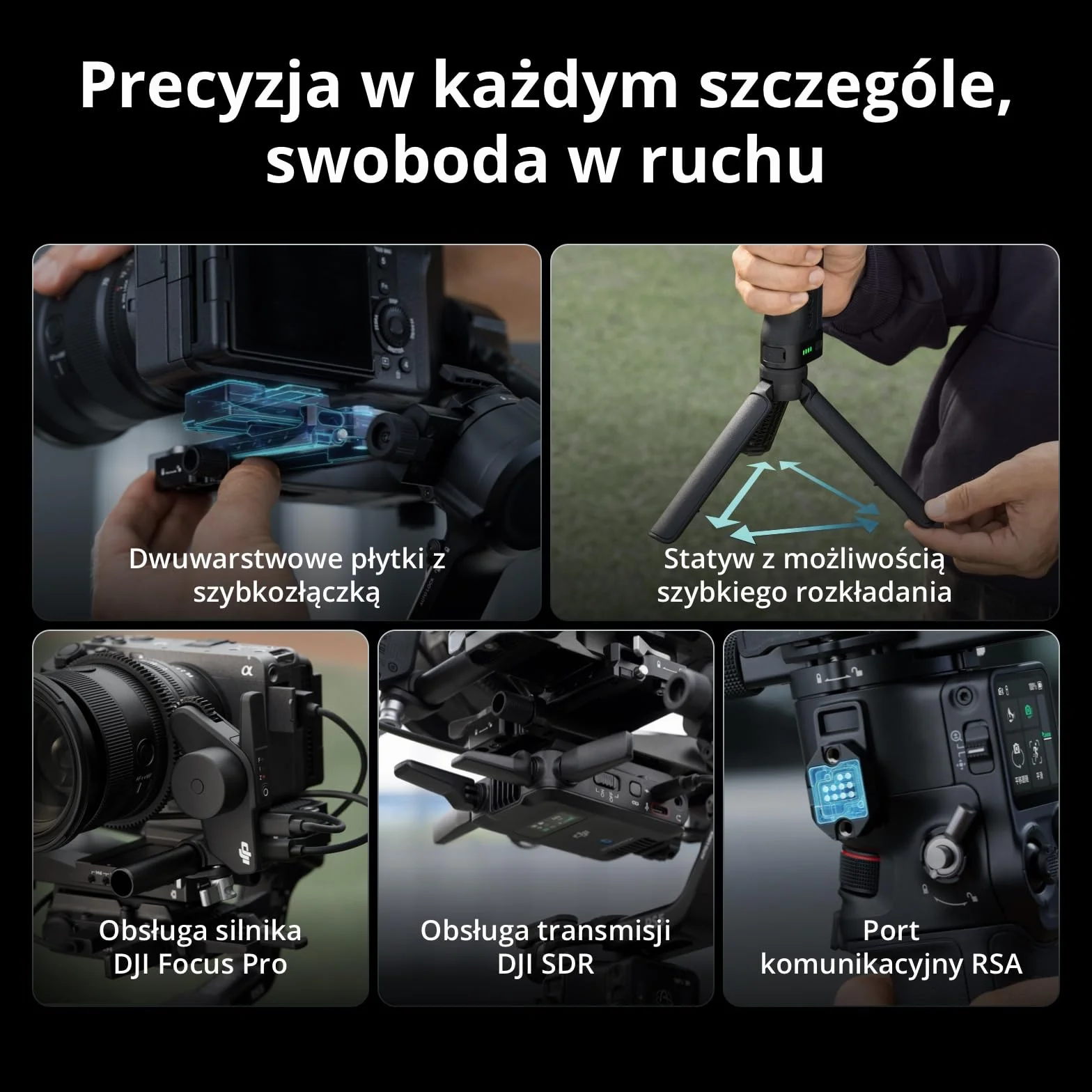 DJI RS 5, stabilizator gimbala do kamer, Canon/Sony/Nikon/Fujifilm | pokrętła precyzyjnej regulacji, automatyczne blokady osi 2. generacji, statyw z szybkim otwarciem, wskaźnik osi Z