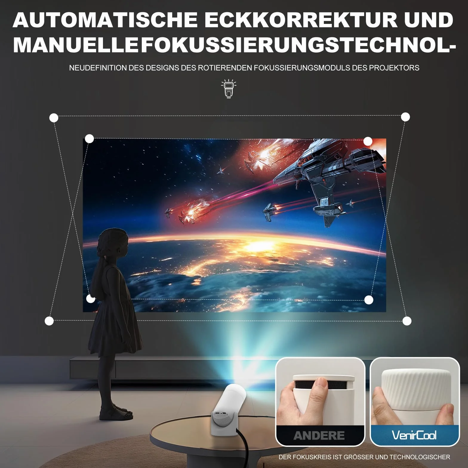 Mini projektor z Bluetooth 5.0, przenośny projektor VenirCool P2 13000L, obsługa 4K z WiFi6, elektryczna korekcja trapezu, projektor wideo, obrotowy stojak 180° do kina domowego