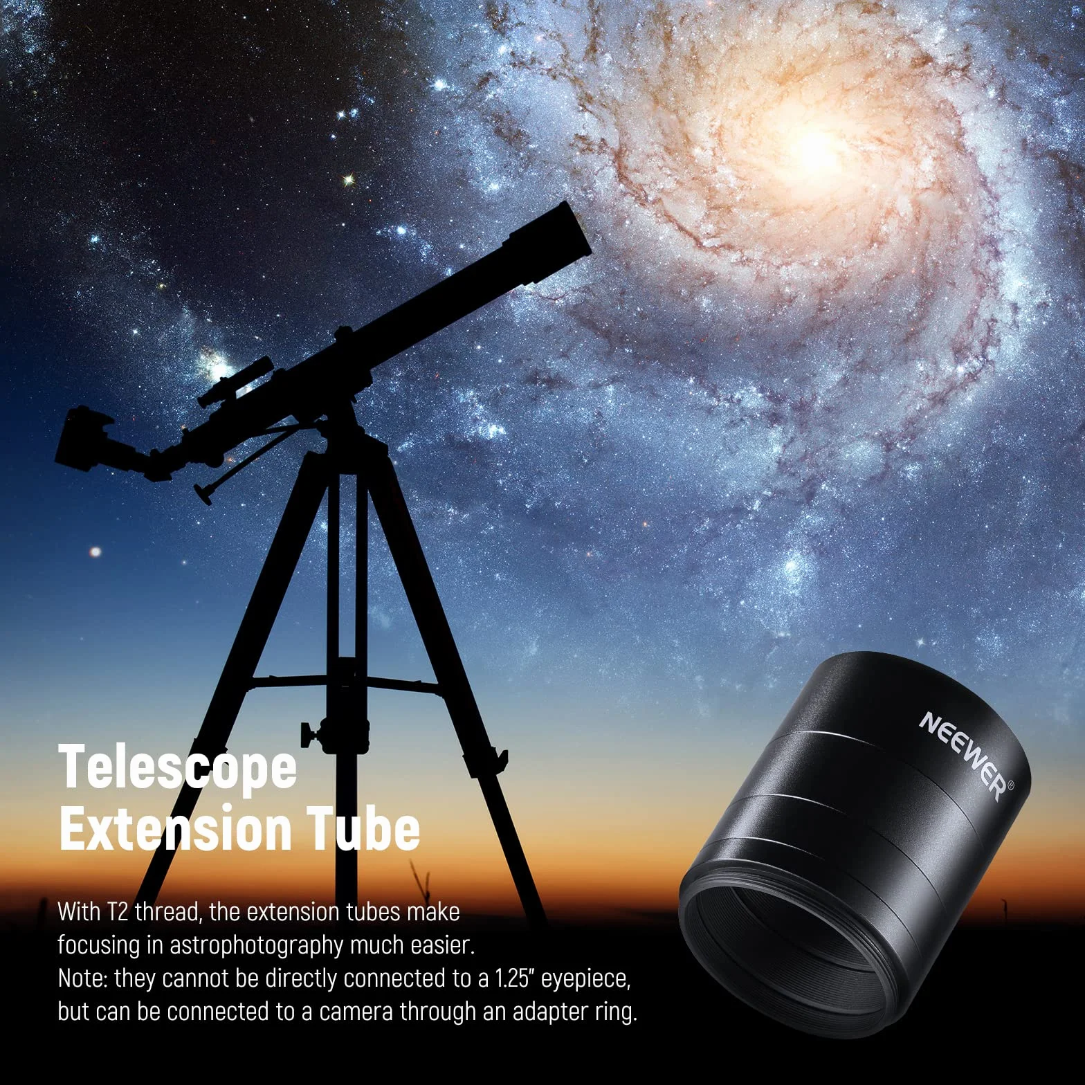 NEEWER Zestaw 4 rur przedłużających T2, rura przedłużająca 5 mm 10 mm 15 mm 20 mm z gwintem dwustronnym M42 x 0,75 mm, akcesorium teleskopu do astrofotografii
