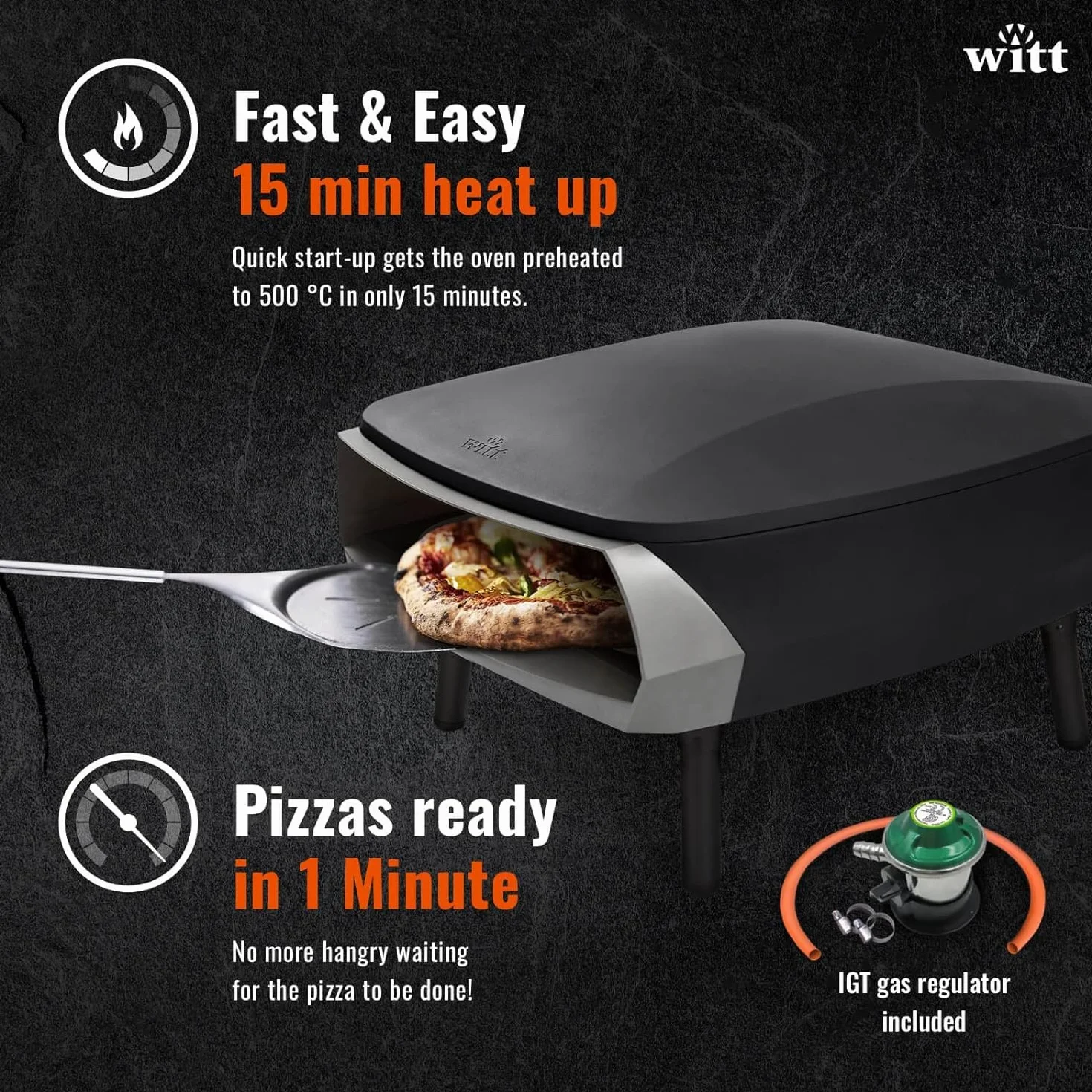 Witt ETNA Rotante Nagradzany piec do pizzy z obracającym się o 360 stopni kamieniem do pizzy i palnikiem podwyższającym. Ten zewnętrzny piec gazowy do pizzy piecze pizzę w mniej niż minutę - czarny
