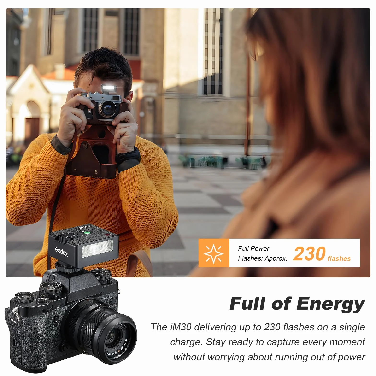 Godox iM30 Mini lampa błyskowa do aparatu Flash Speedlite z torbą GN15, ręczna lampa błyskowa, 230 pełnych błysków, 7 poziomów mocy, kompatybilna z Canon, Sony, Nikon, Pentax, Panasonic Olympus