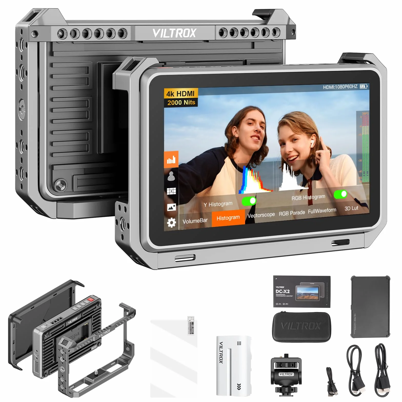 VILTROX DC-X2 DCX2 Rig Cage Kit aparat fotograficzny, ekran dotykowy 2000 Nit 6 cali 4K HDMI Camera Monitor z akumulatorem Full HD 1920 x 1080 IPS 3D LUT z osłoną przeciwsłoneczną do Sony Canon, Nikon