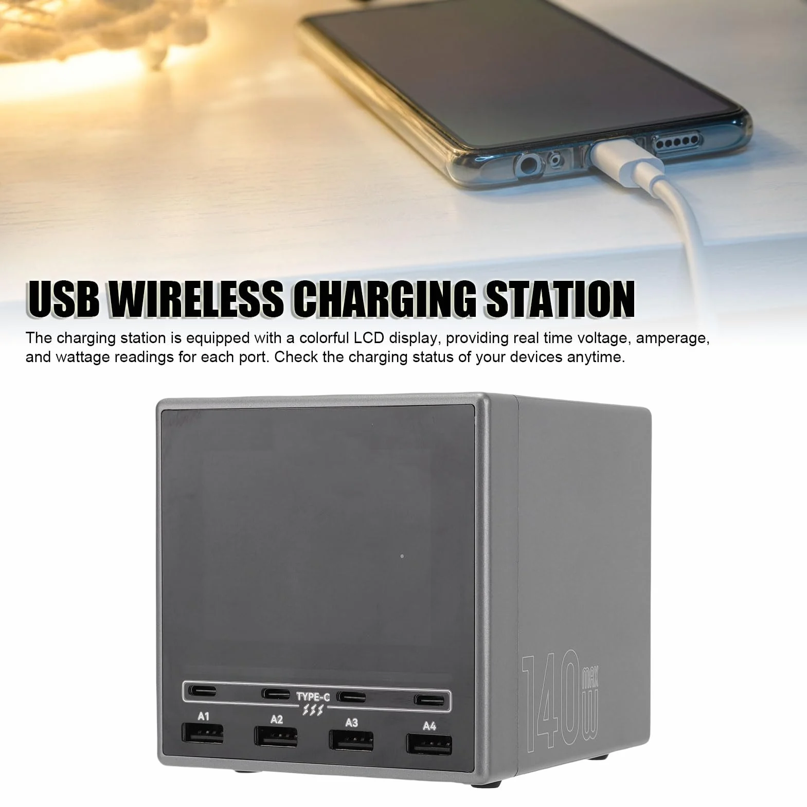 Ausla Bezprzewodowa Stacja ładująca USB PC ABS 140 W USB C PD Hub ładowarki z bezprzewodową podkładką 15 W Wyświetlacz LCD 8 Portów Szybkie ładowanie na Biurko Home Office Laptop Tablet Telefon