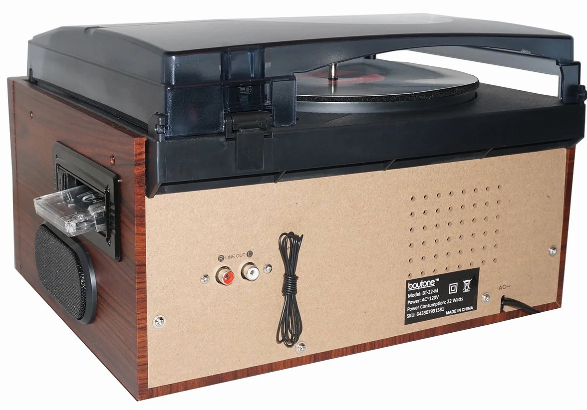 Boytone BT-22M, gramofon Bluetooth, radio AM/FM, kaseta, odtwarzacz CD, 2 wbudowane głośniki, możliwość konwersji winylu, radia, kasety, CD na MP3 bez komputera, gniazdo SD, USB, AUX