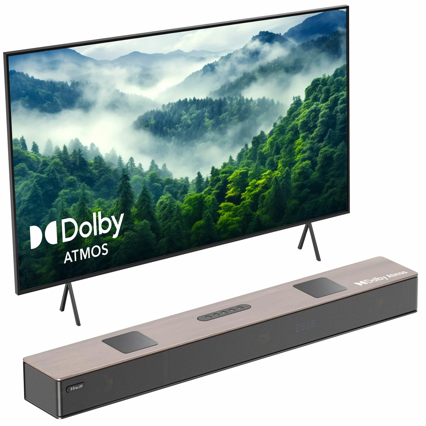 Hiwill 5.2.2 Dolby Atmos Drewniany Soundbar, 400 W Uniwersalne głośniki kina domowego TV z wbudowanym podwójnym subwooferem, 2 głośniki skierowane do góry, WoNoble A502