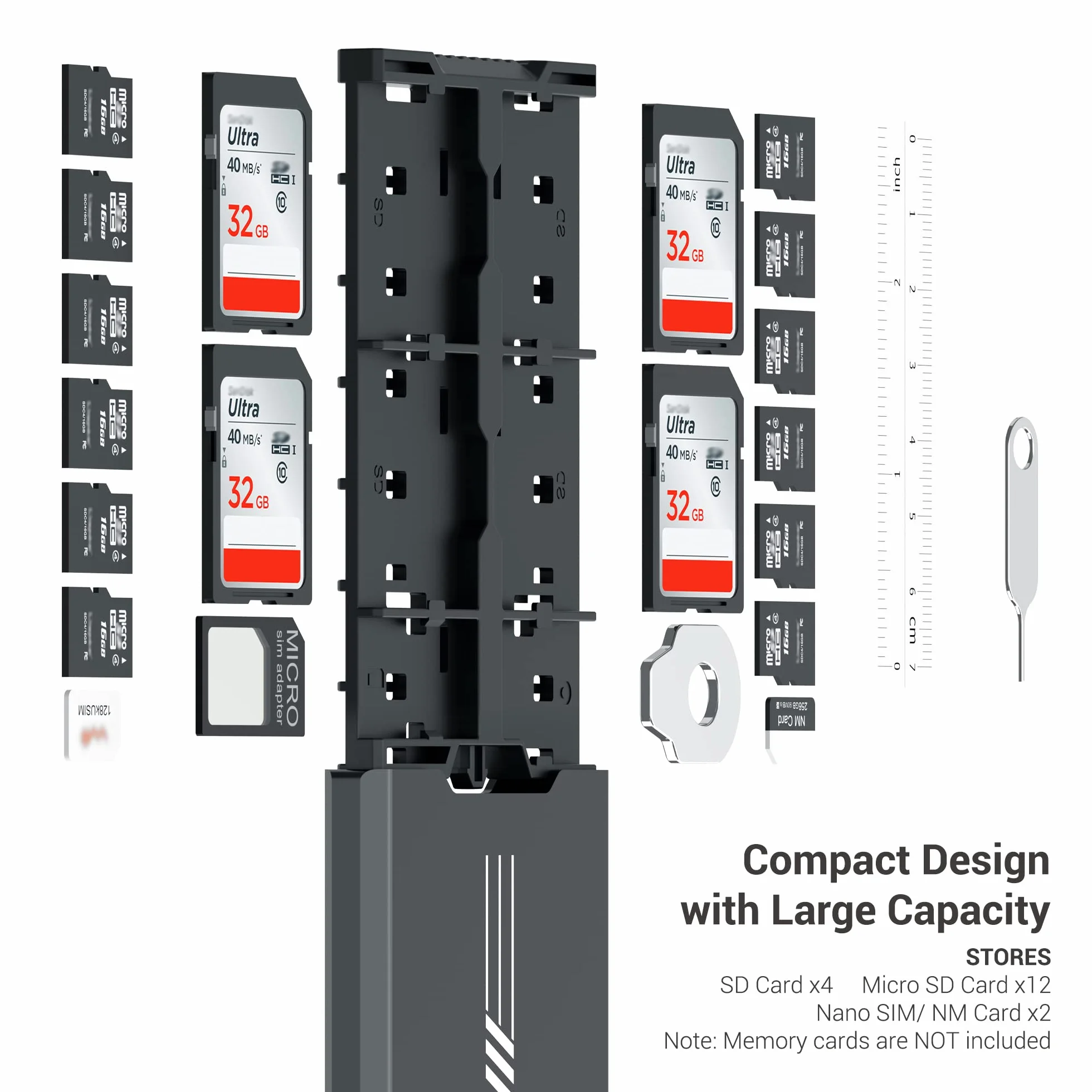 JJC Wyskakujące metalowe etui na karty pamięci Ultra Silm do 12 Micro SD TF MSD + 4 SD + 2 karty Nano SIM - z karabińczykiem narzędzie do usuwania karty micro SIM i mini linijka - czarne