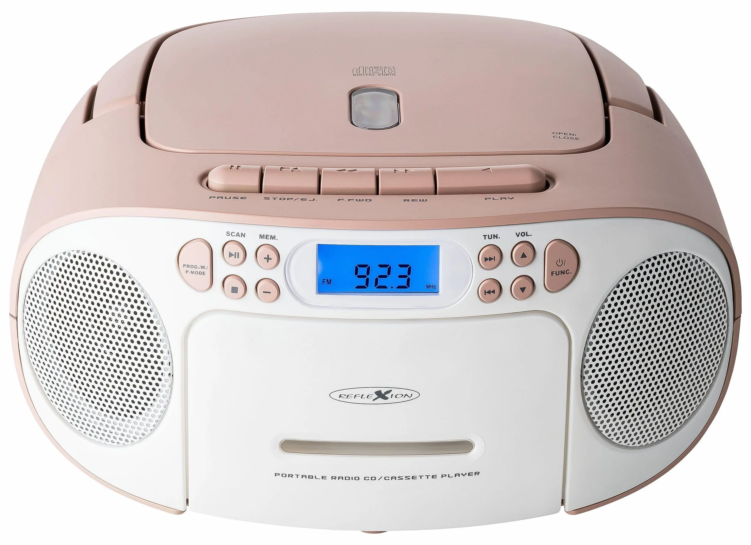 Reflexion RCR2260 odtwarzacz CD z kasetą i radiem do zasilania sieciowego i bateryjnego (radio PLL FM, wyświetlacz LCD, wejście AUX, złącze słuchawkowe), biały/różowy