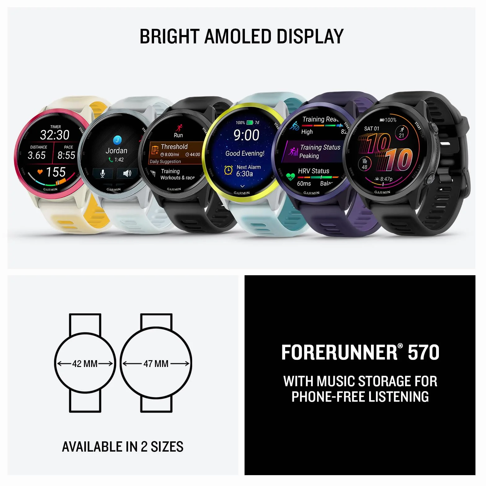 Garmin® Forerunner® 570, 47mm, Advanced GPS Running and Triathlon Smartwatch, AMOLED Display, Training and Recovery Features, Amp Yellow Aluminum with Translucent Whitestone/Turquoise Band | Wyświetlacz Amoled 47 mm, aluminiowa ramka, trening i wyszukiwan