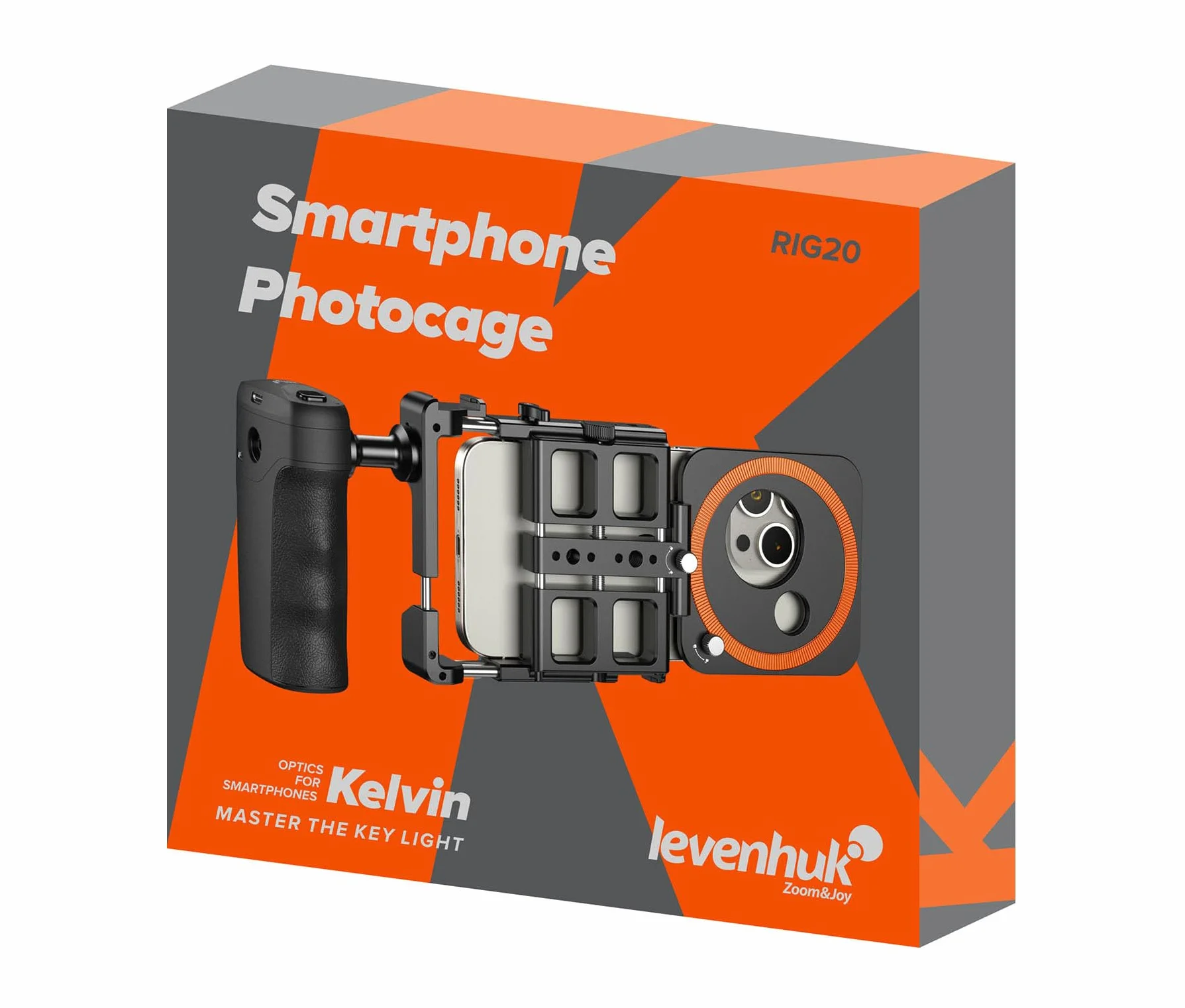 Levenhuk Kelvin RIG20 Profesjonalna Klatka Fotograficzna Na Smartfon, Bluetooth Zdalny Spust Migawki, Uchwyt Boczny z Wbudowaną Baterią, Akcesoria w Zestawie do Vlogów i Transmisji na Żywo | Bluetooth Zdalny Spust Migawki, Uchwyt Boczny z Wbudowaną Bateri